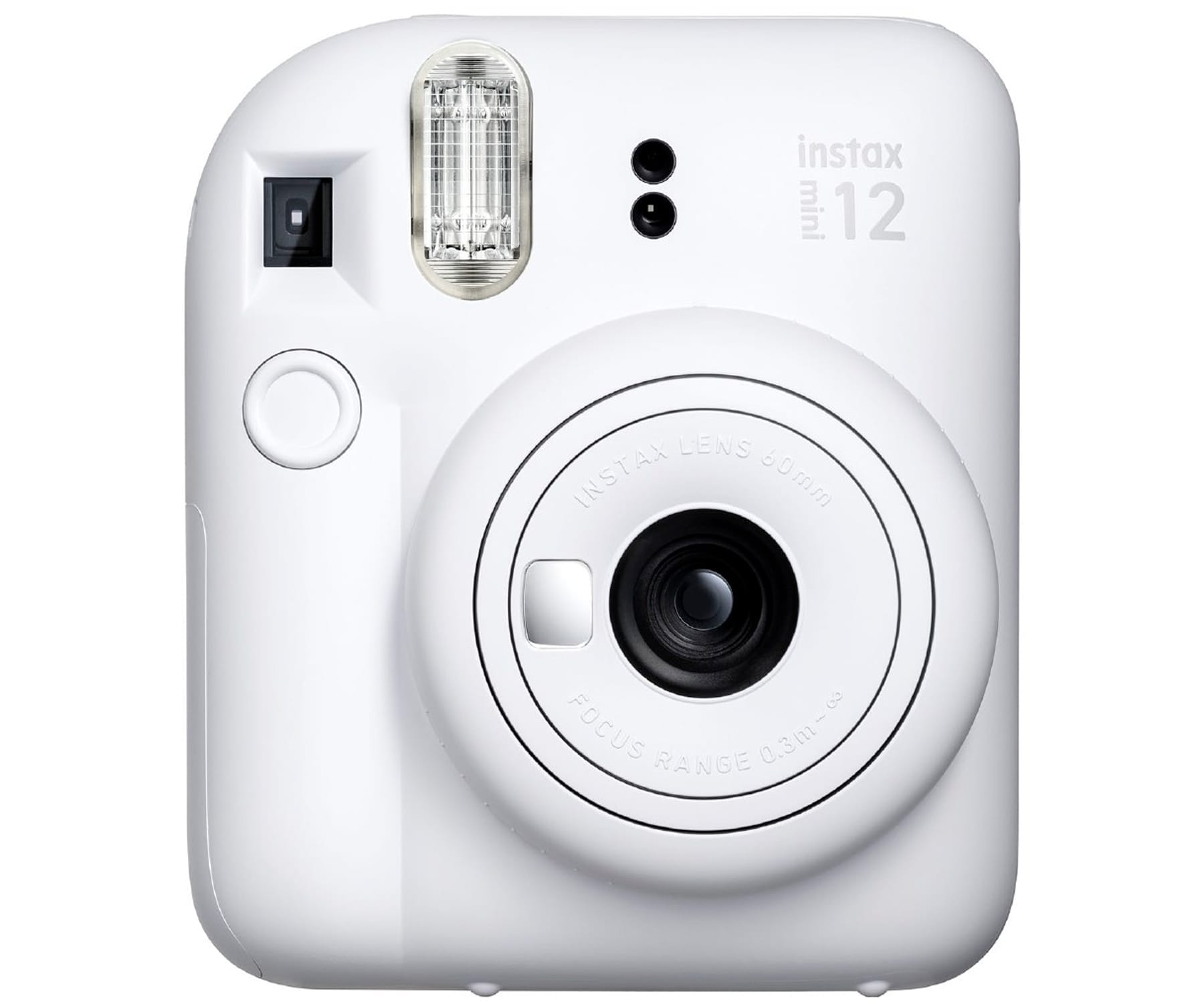 Fotocamera Instax Mini 12 bianca con obiettivo, flash e pulsanti.