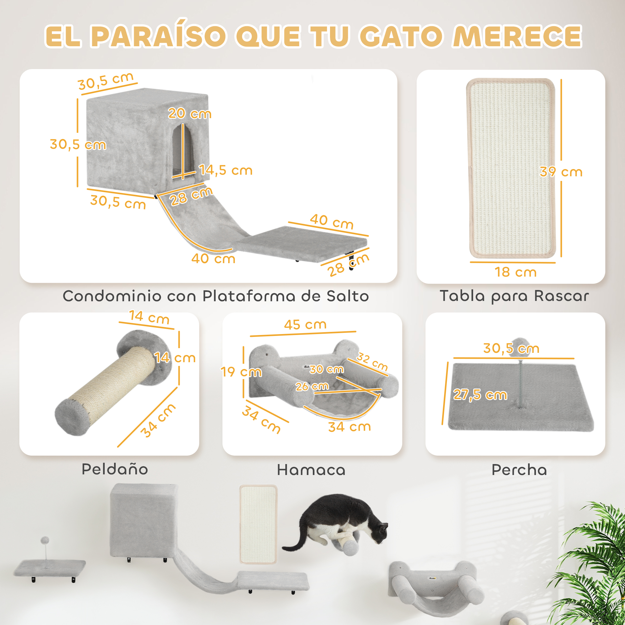 Diagrama de muebles para gatos con dimensiones y etiquetas en español. Incluye un gato y accesorios.