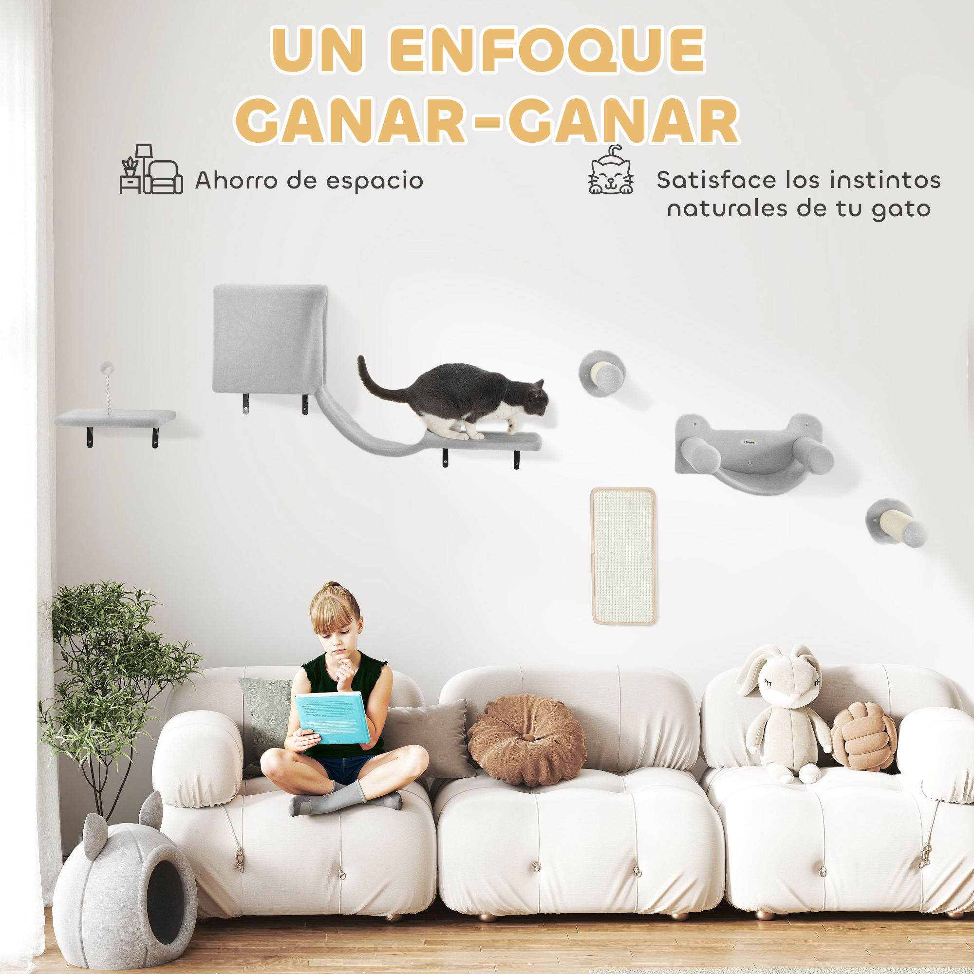 Un niño con una tableta y muebles para gatos con un gato. El texto dice: Un enfoque ganar-ganar.