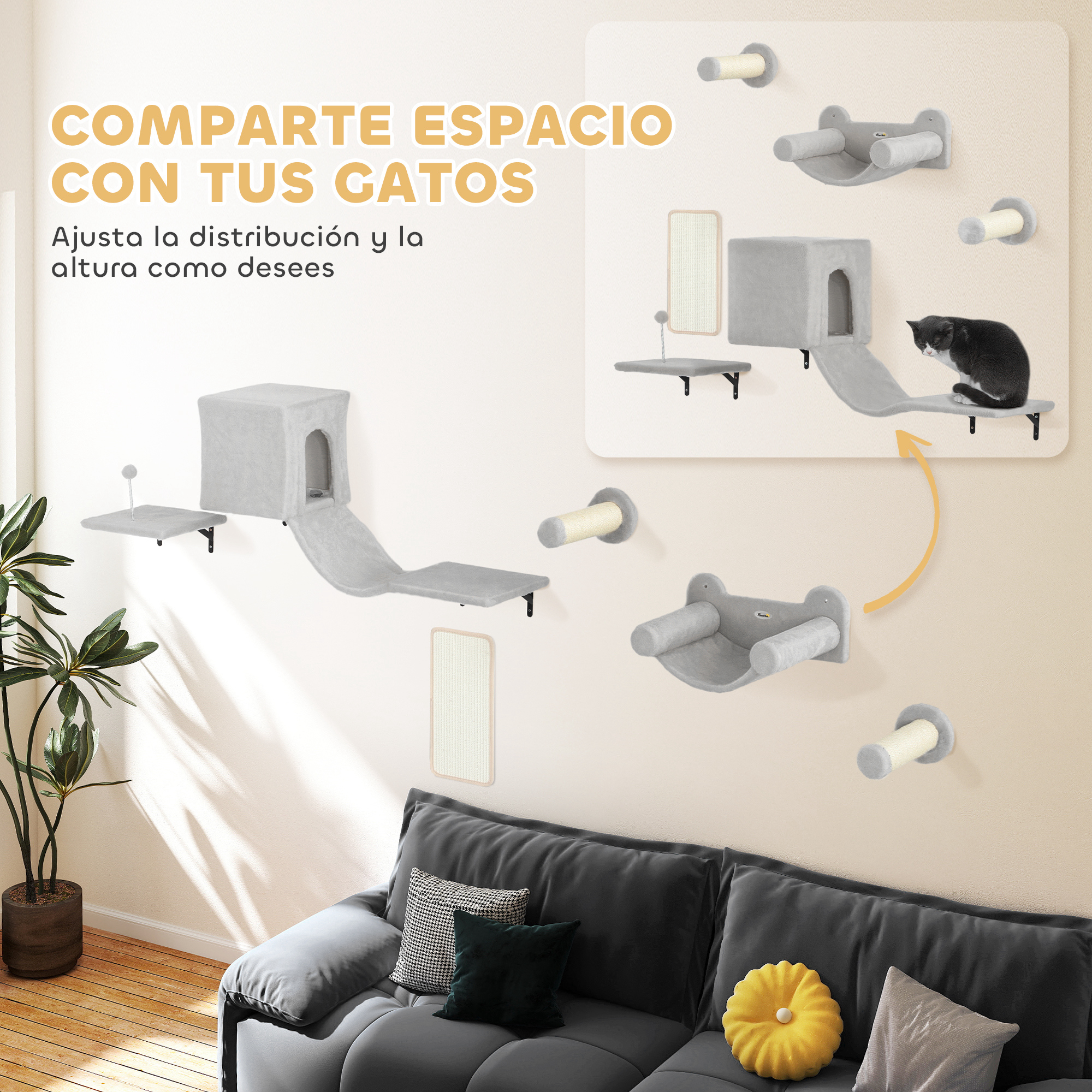 Juego de muebles para gatos en una pared. Tiene plataformas, una casa y una rampa. Un gato negro está en una plataforma.