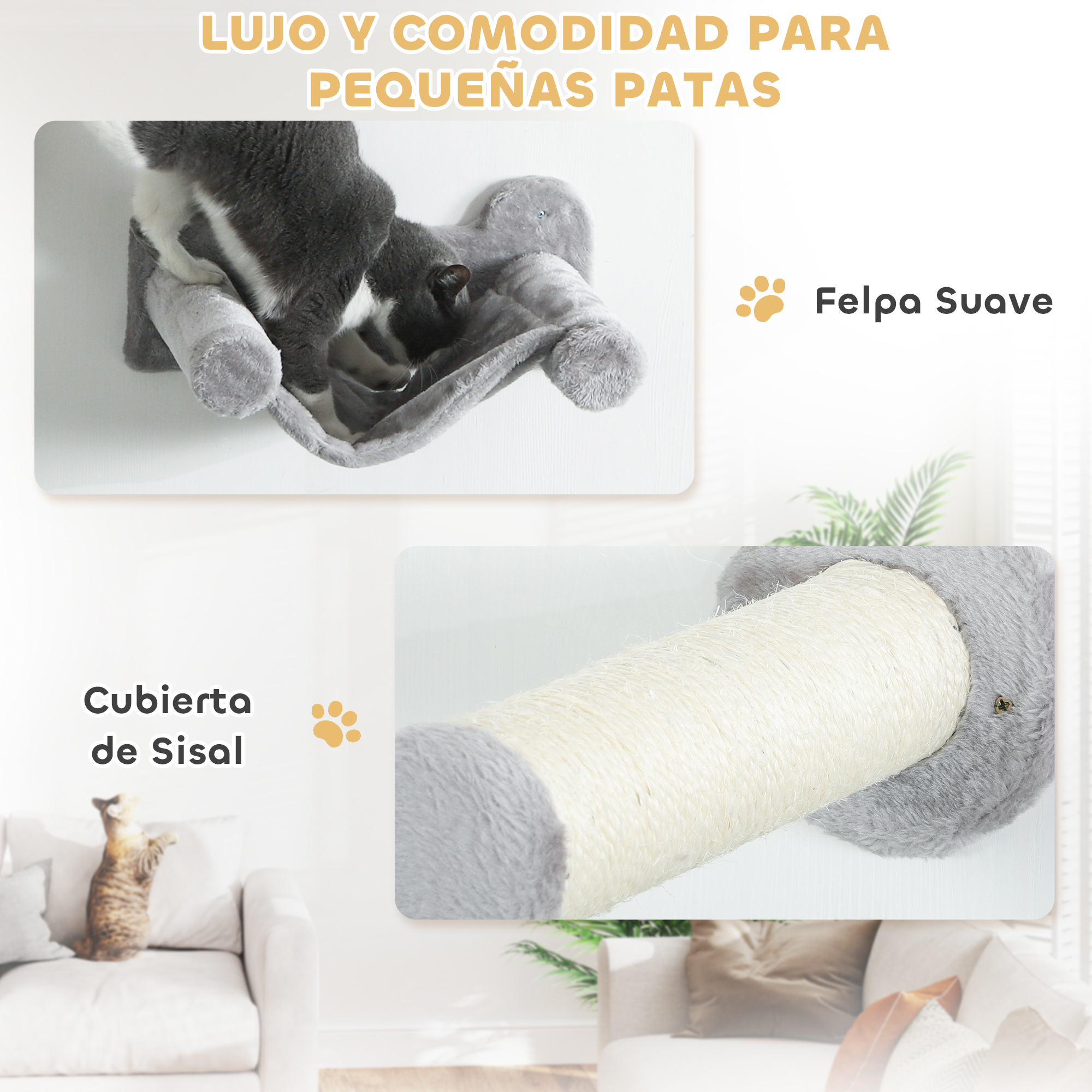 Muebles para gatos con un gato. El texto dice: Lujo y comodidad para pequeñas patas.