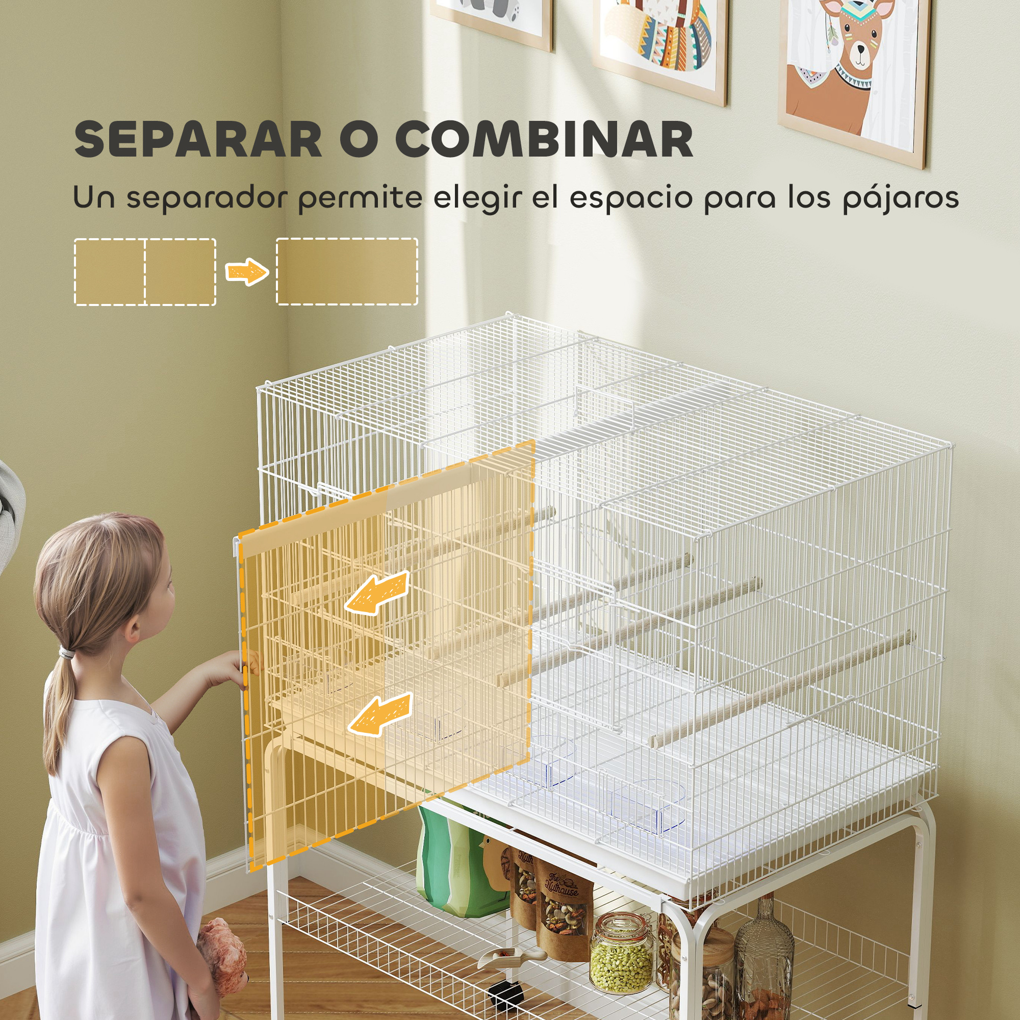 Niña separando una jaula con un divisor amarillo. Jaula en un soporte con estantes.