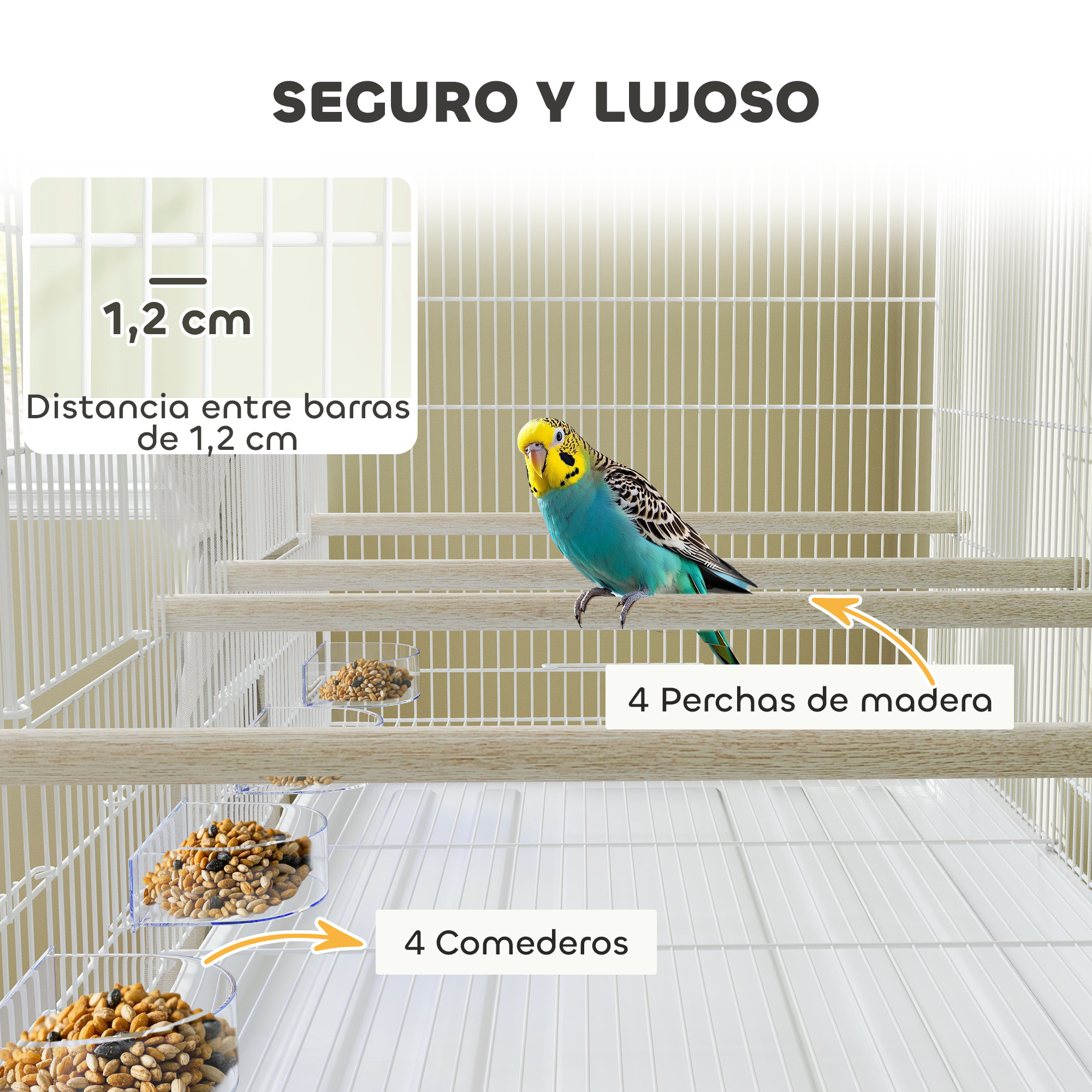 Primer plano de una jaula con un pájaro azul y amarillo y comida. Las barras tienen una distancia de 1,2 cm.
