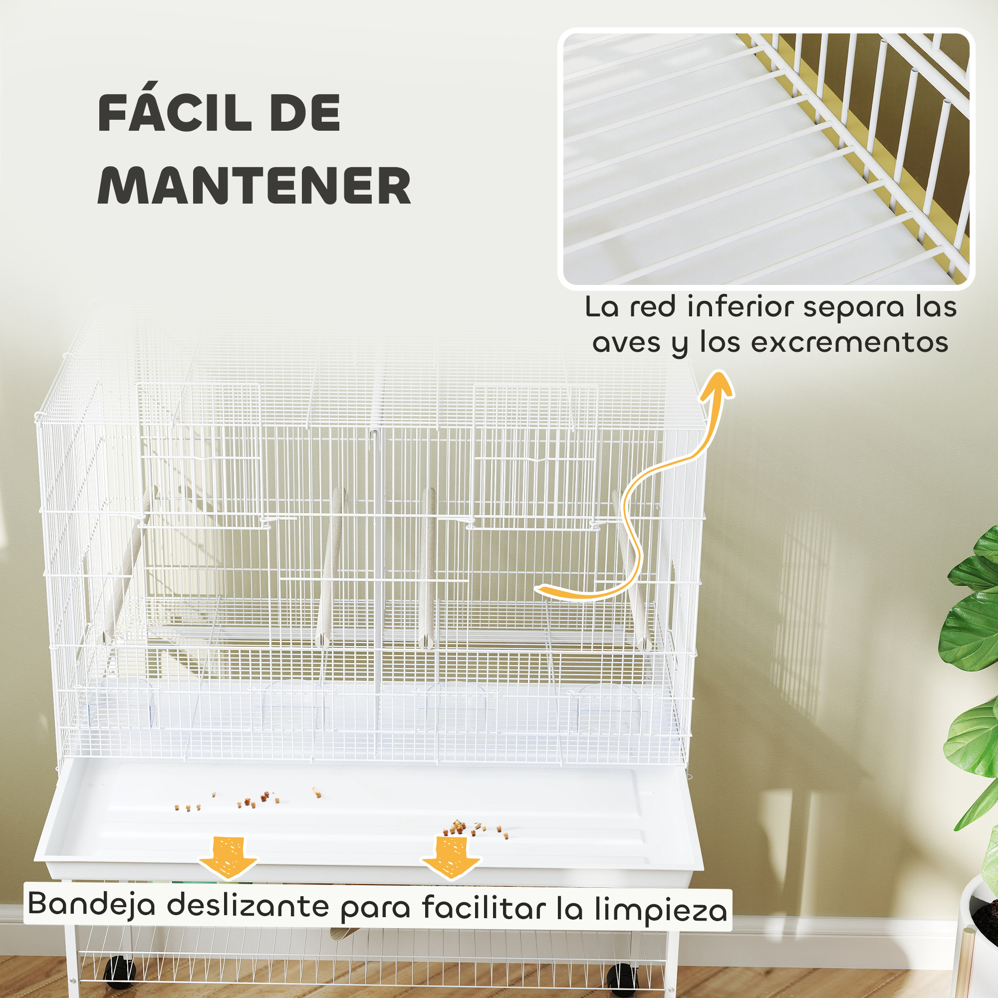 Jaula con bandeja deslizante para fácil limpieza, con etiquetas que muestran detalles.