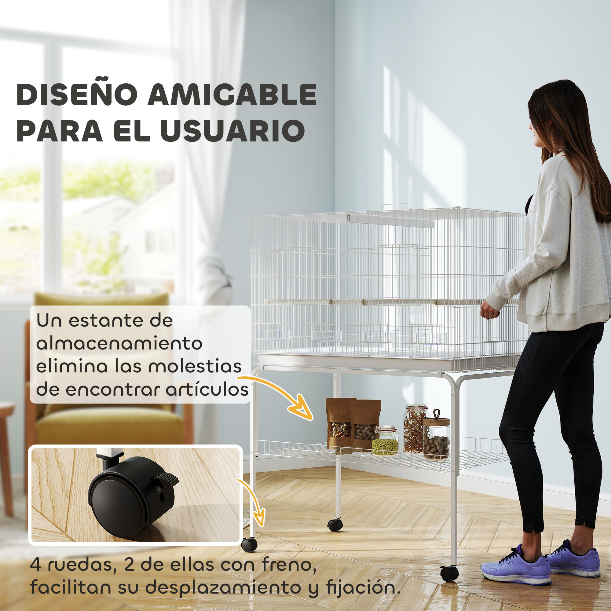 Mujer cerca de una jaula con texto en español sobre diseño amigable y ruedas.