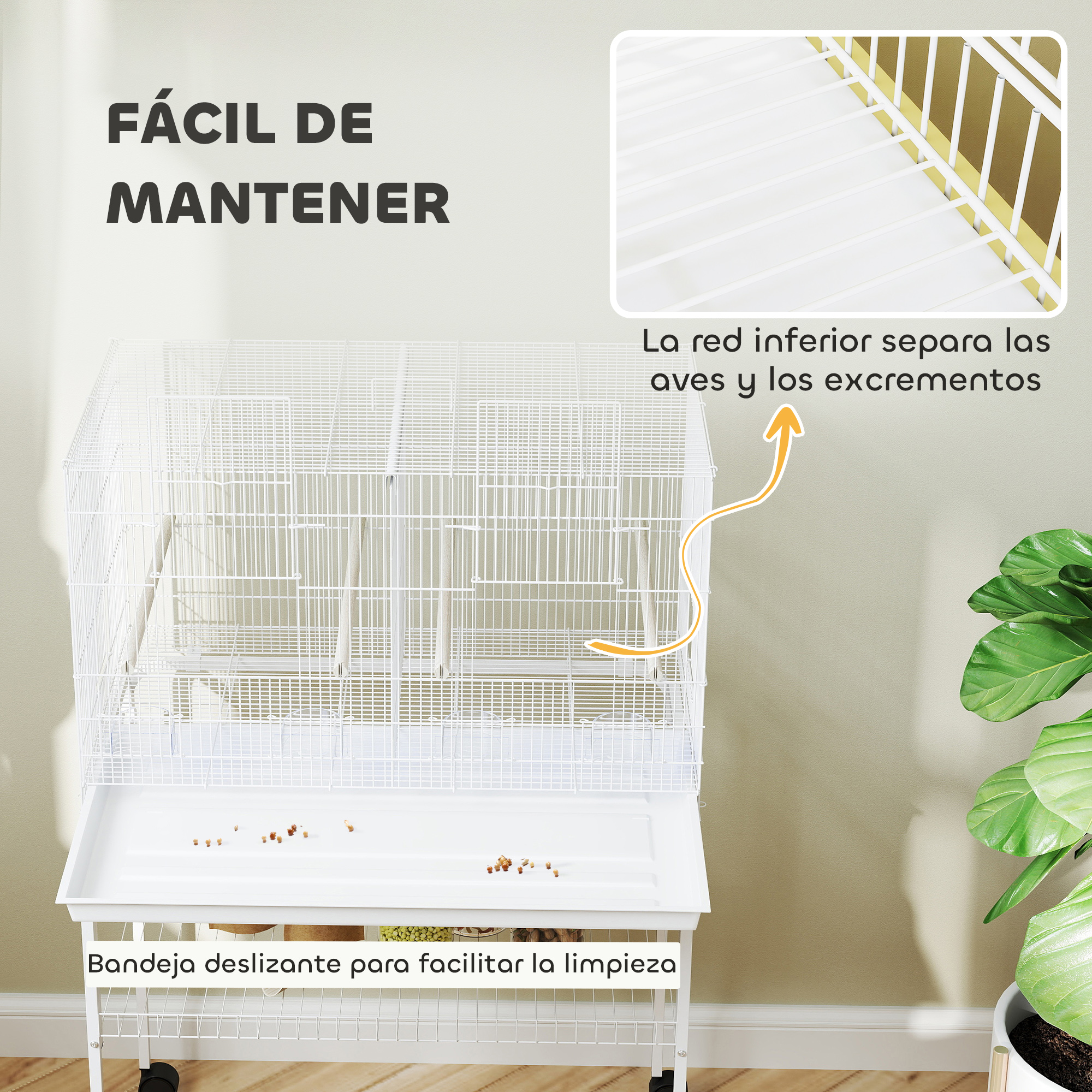 Una jaula blanca con bandeja deslizante y texto en español sobre fácil mantenimiento.