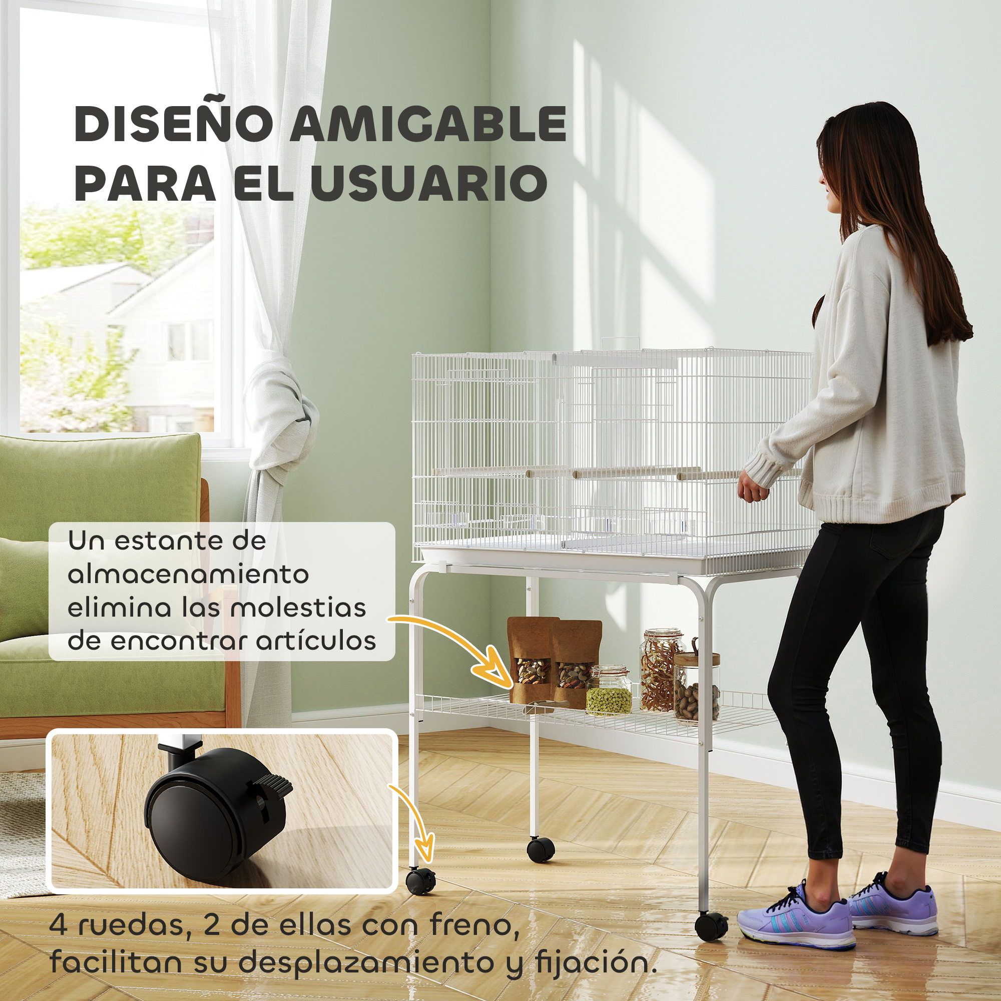 Una persona con una jaula con ruedas, con etiquetas en español, mostrando sus características.