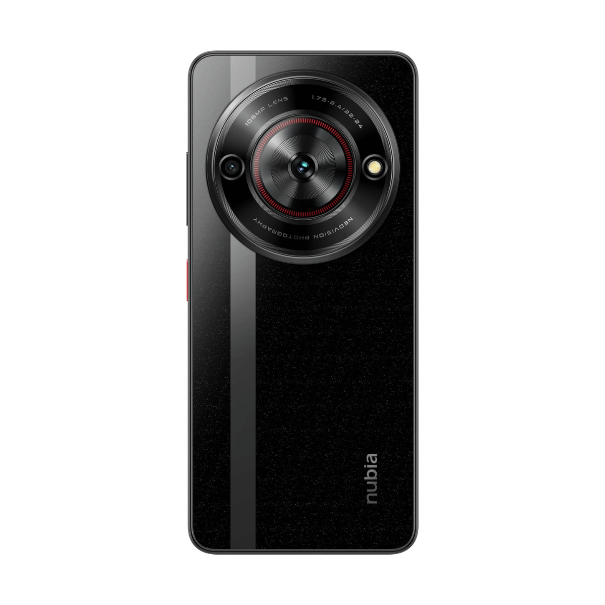 Schwarzes Smartphone, Rückansicht. Dreifach-Objektivkamera, roter Akzent. Weißer Hintergrund.