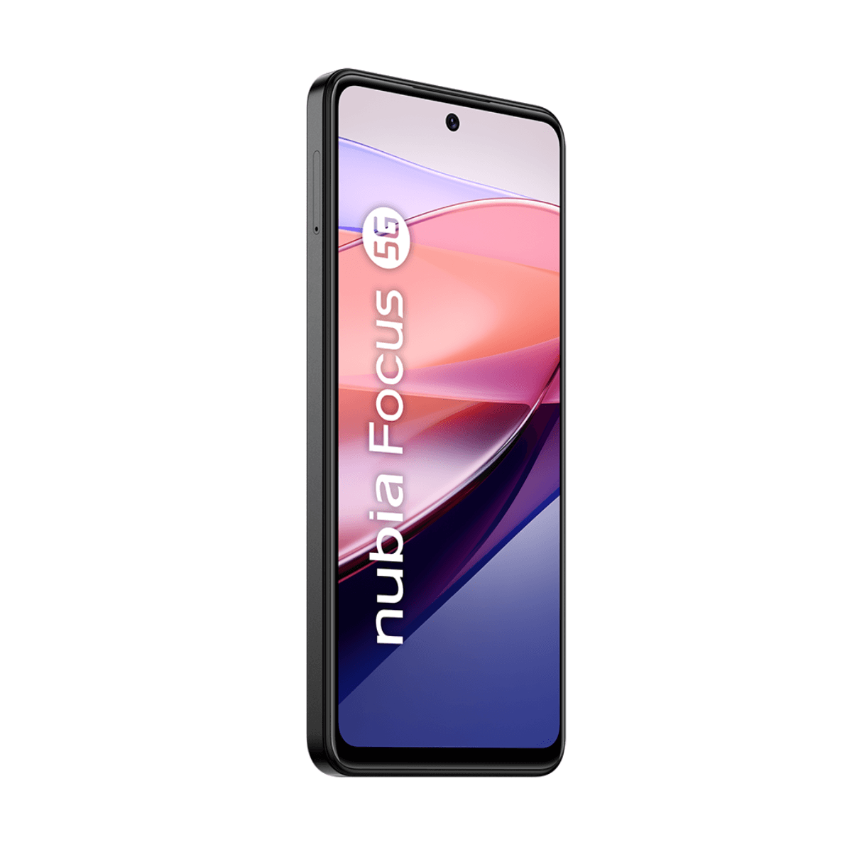 Schwarzes Smartphone, schräge Ansicht. Der Bildschirm ist eingeschaltet und zeigt ein farbenfrohes Design.