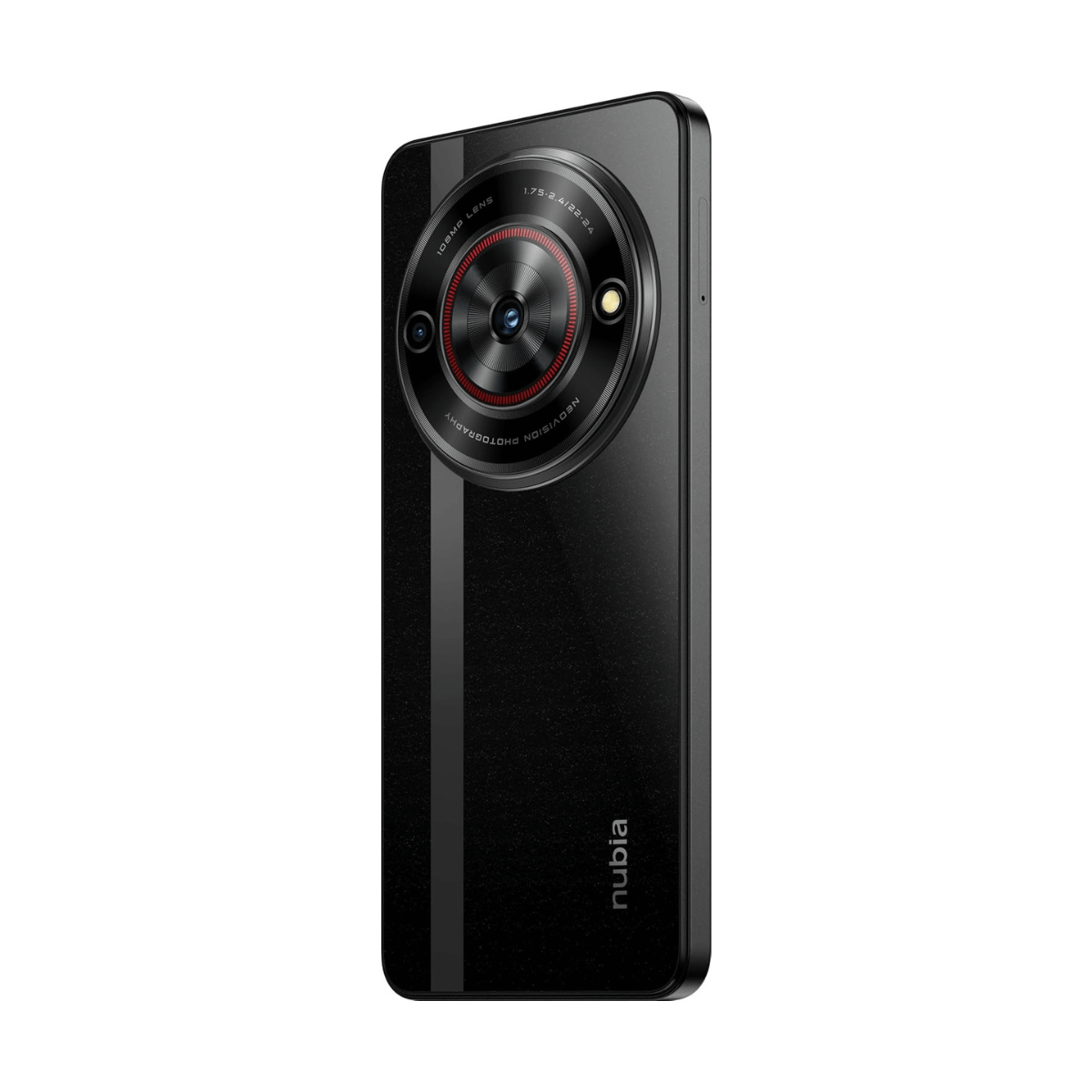 Schwarzes Smartphone mit Kameraobjektiv. Das Objektiv ist rot und hat einen schwarzen Hintergrund.