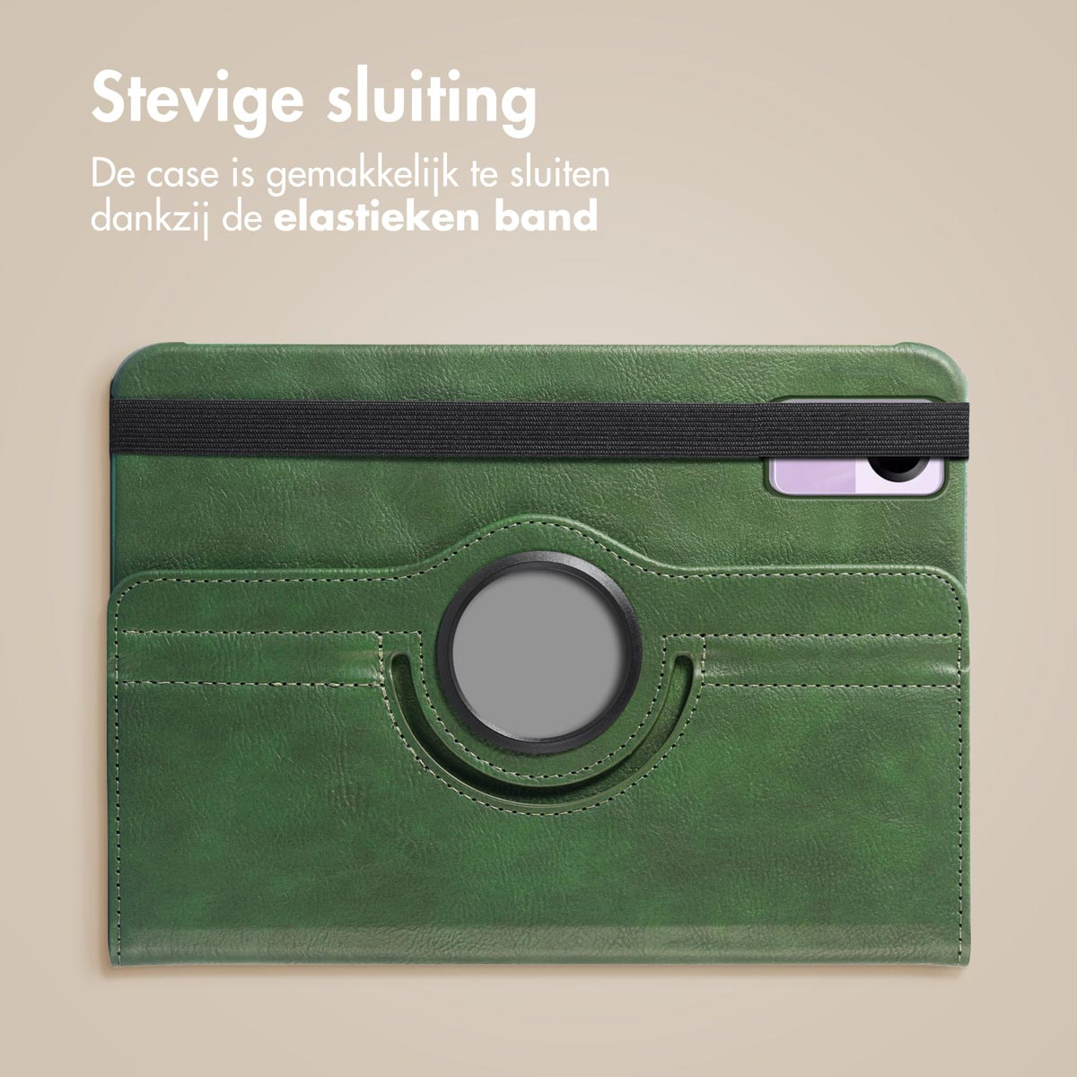 Green tablet case with black elastic band, the text 'Stevige sluiting' is above the case.