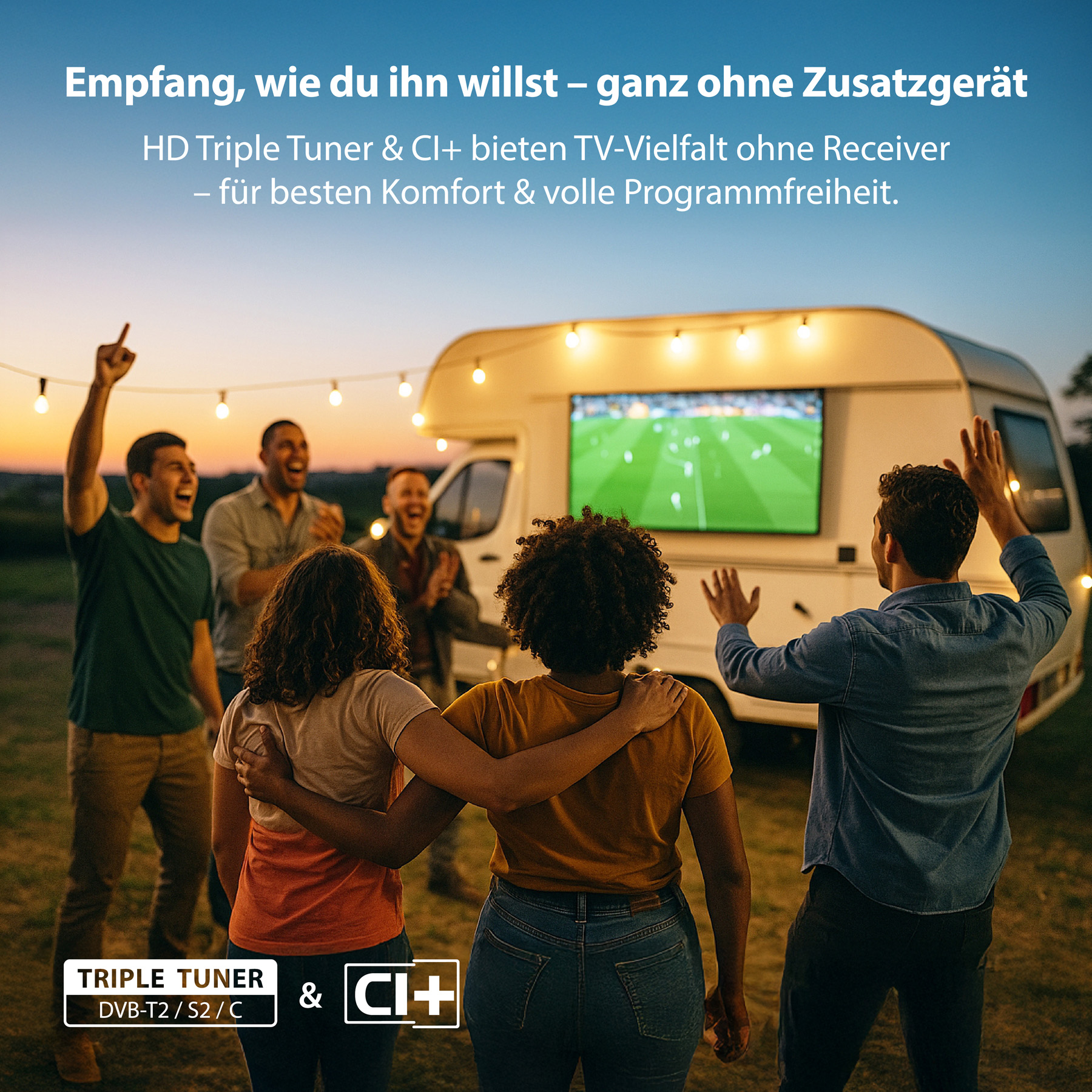 Eine Gruppe von Menschen feiert vor einem Wohnmobil mit einem Fernseher, der bei Sonnenuntergang ein Fußballspiel zeigt.