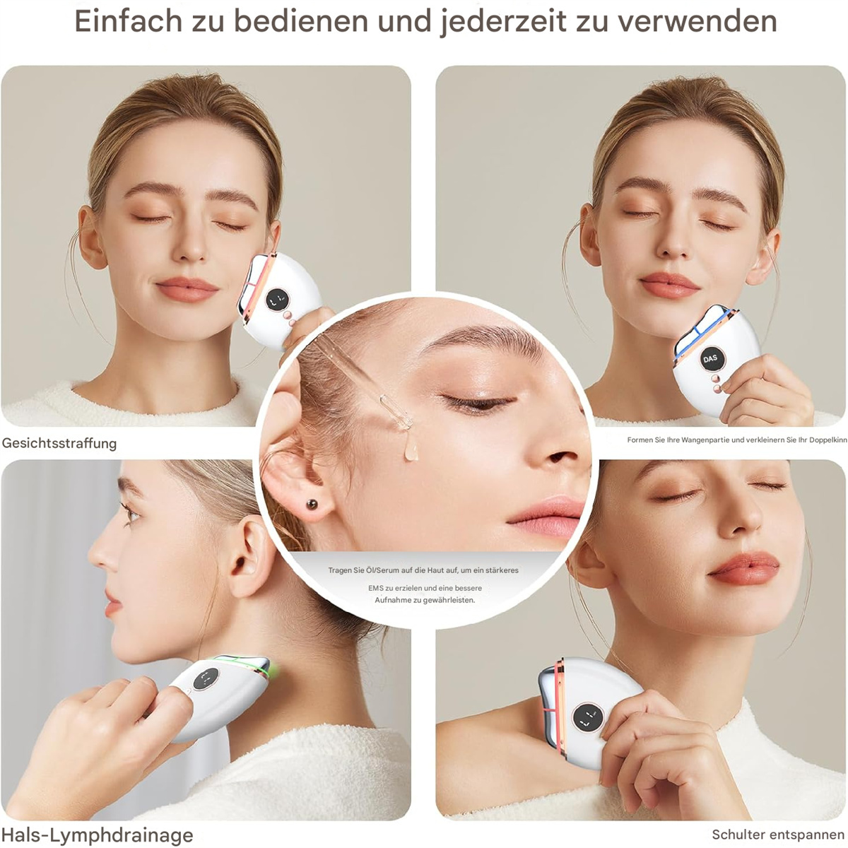 Bilder, die die Verwendung eines Hautpflegegeräts im Gesicht und am Hals einer Frau zeigen.