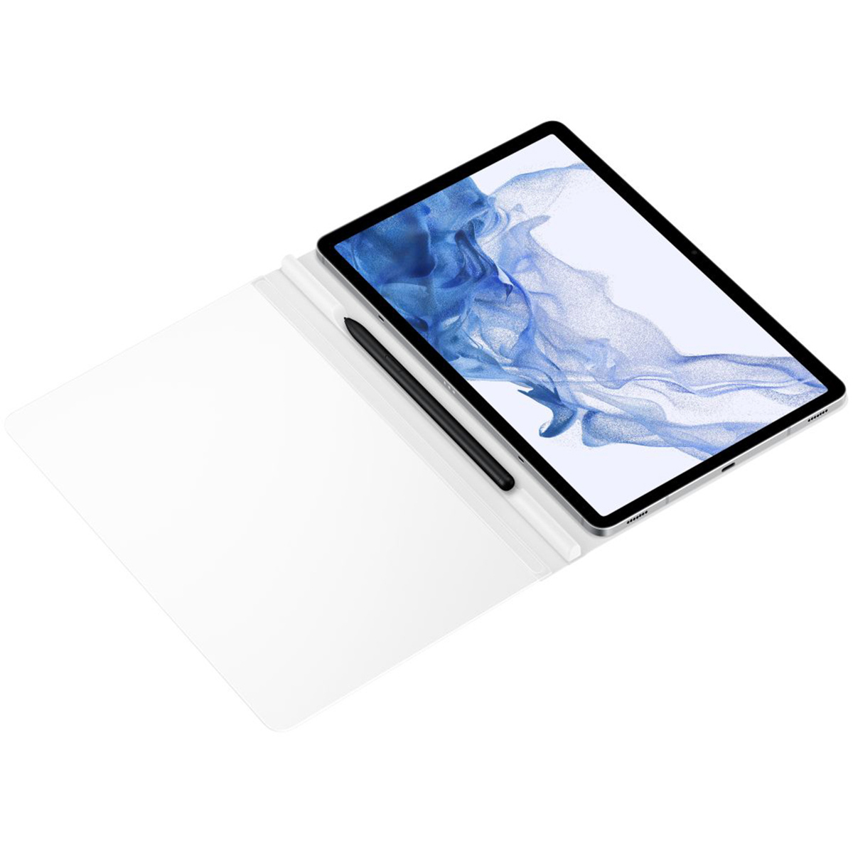 Tablet mit Stift, weißer Hintergrund.