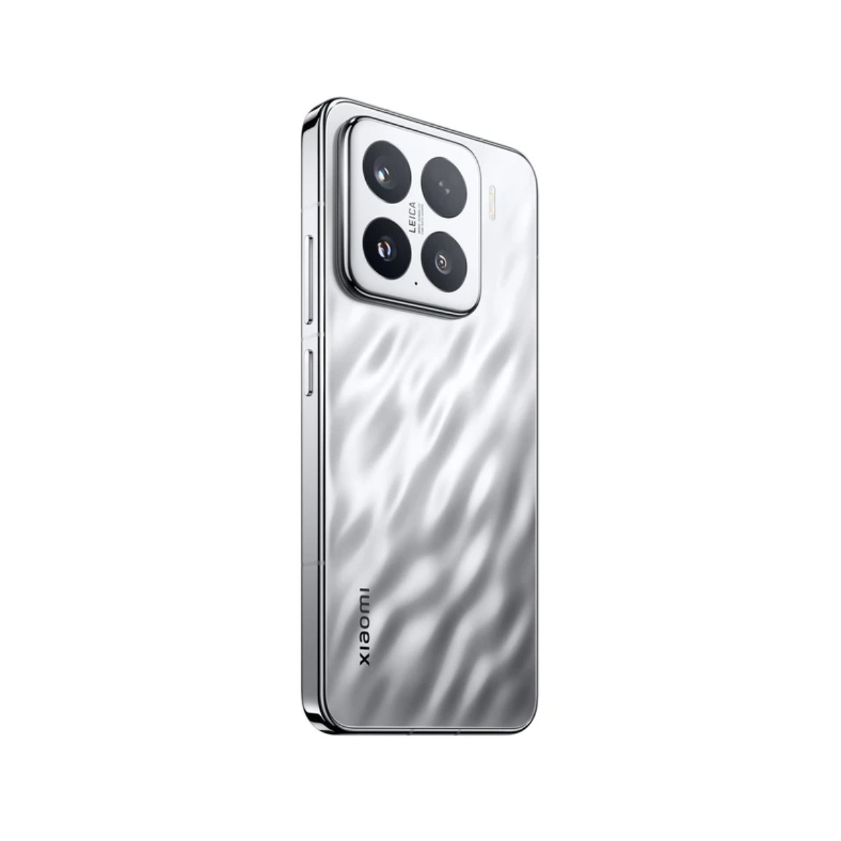 Srebrny telefon Xiaomi z boku, z aparatem Leica i gradientem z tyłu.