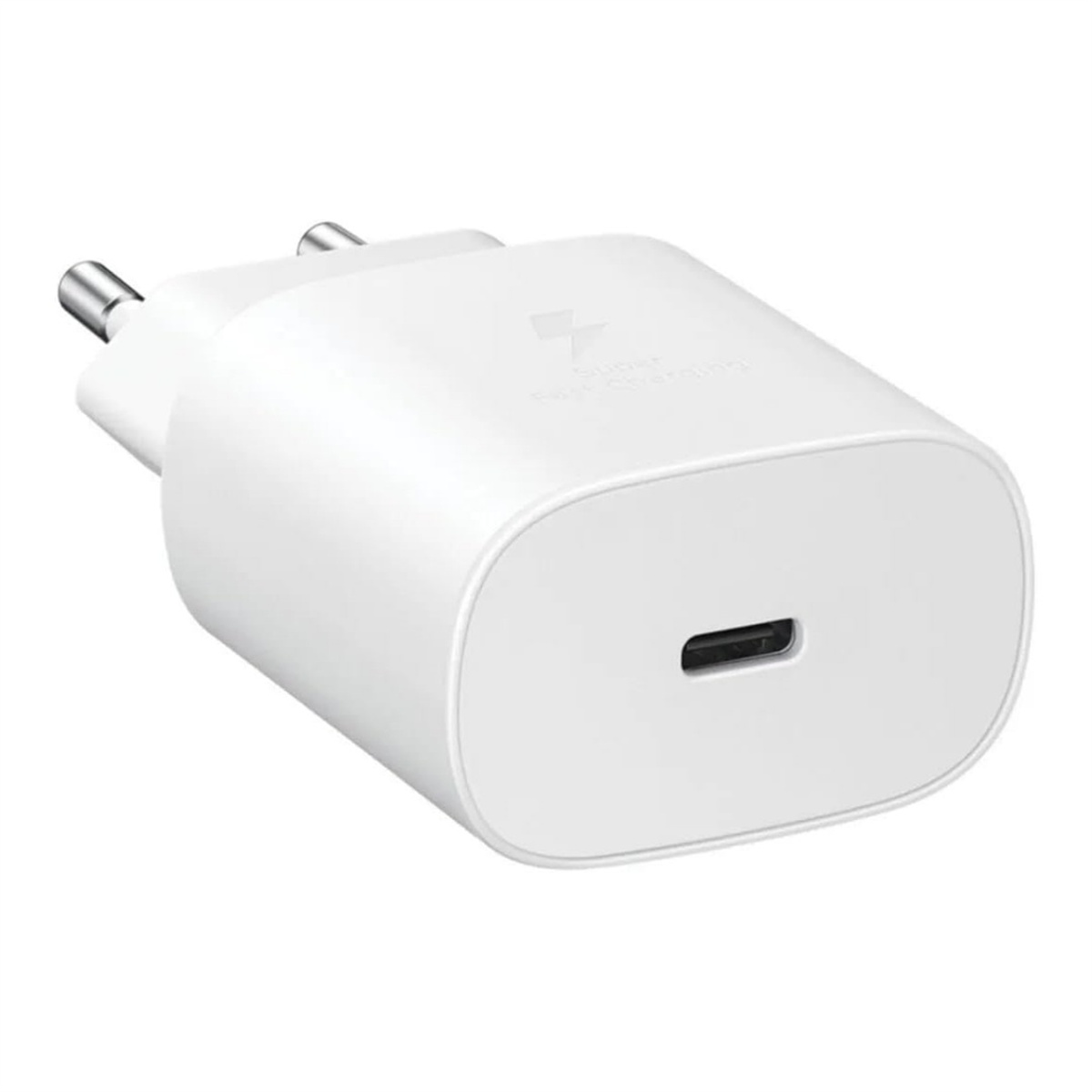 Weißes Samsung Ladegerät mit USB-C-Anschluss.