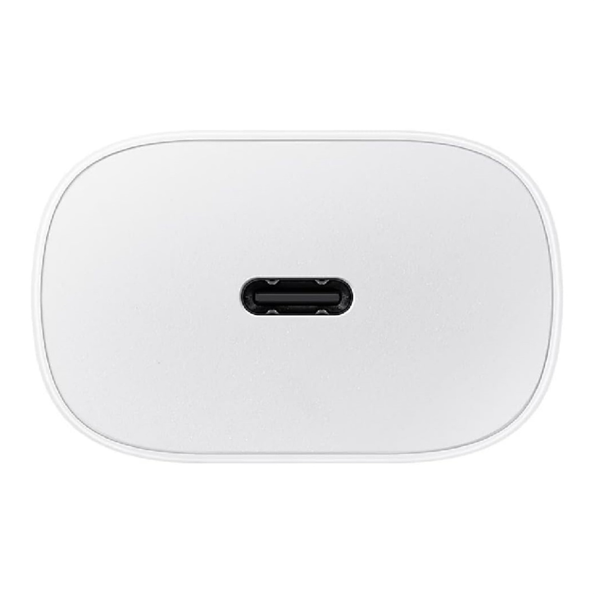 Ein weißes USB-C-Ladegerät. Das Ladegerät hat eine rechteckige Form mit abgerundeten Kanten und einem schwarzen USB-C-Anschluss.