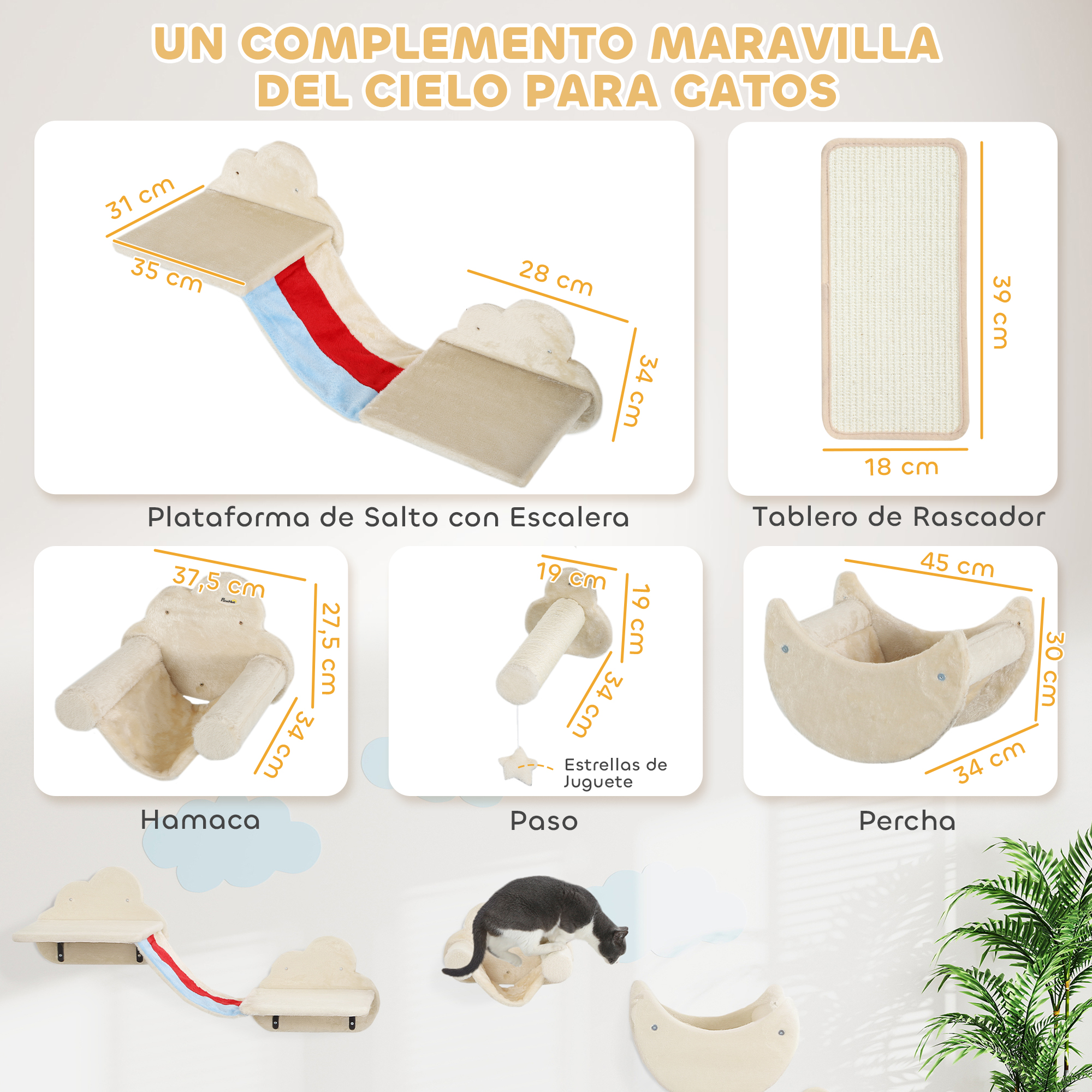Diagrama de los componentes del árbol para gatos con dimensiones y un gato abajo a la izquierda.