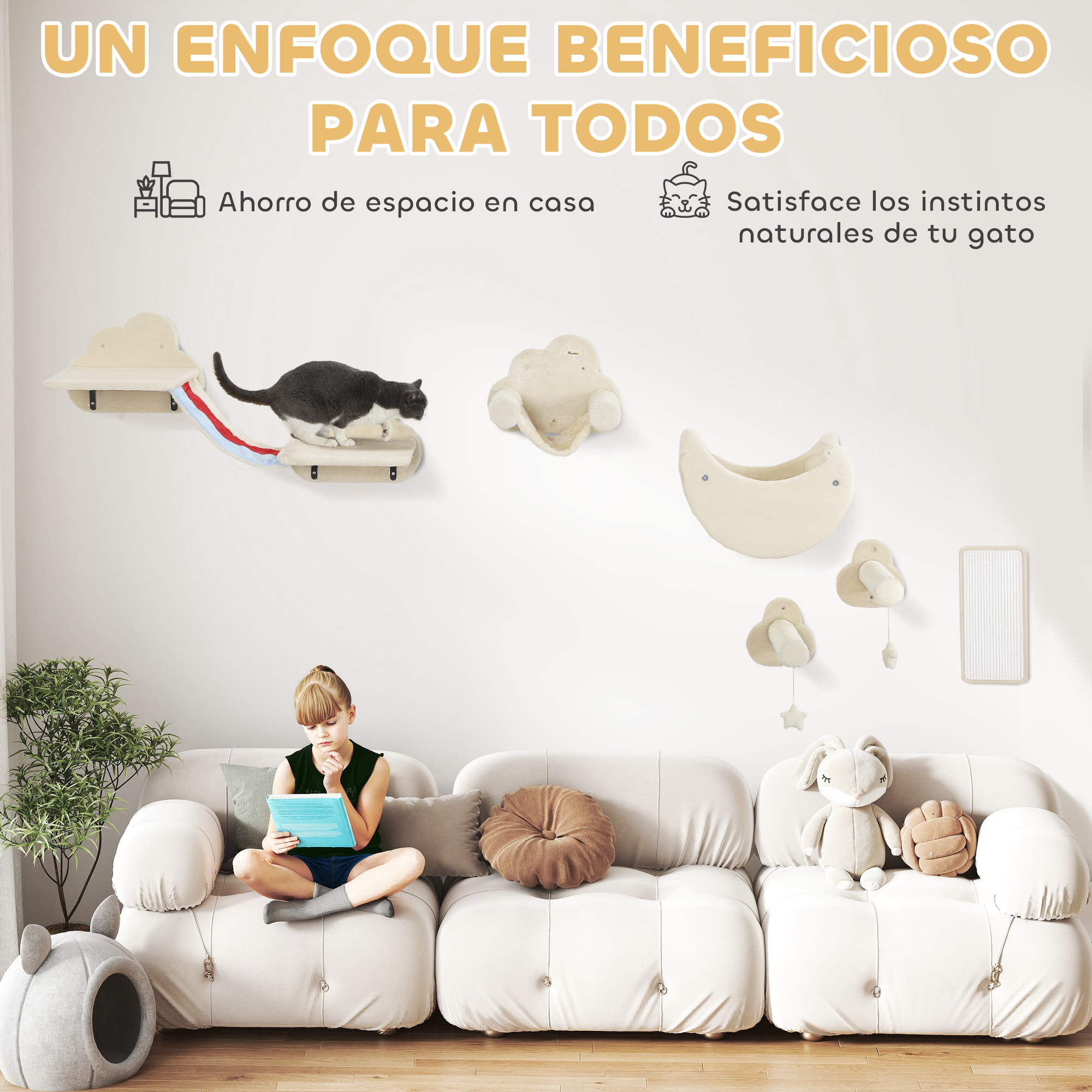 Una mujer y muebles para gatos. Texto en español: 'UN ENFOQUE BENEFICIOSO PARA TODOS'.