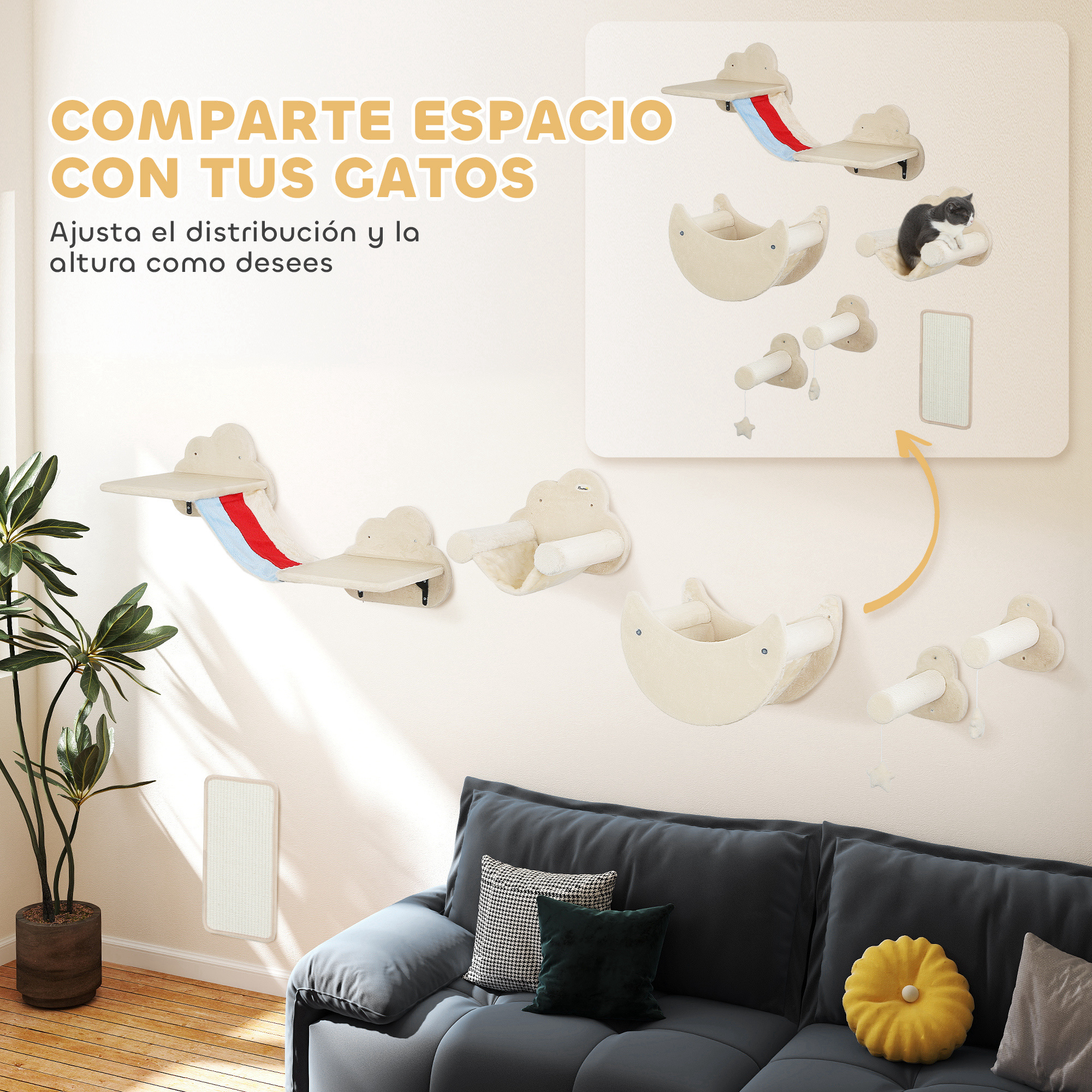 Una pared con muebles para gatos. Hay varios estantes para gatos de diferentes formas y un gato descansando en uno.