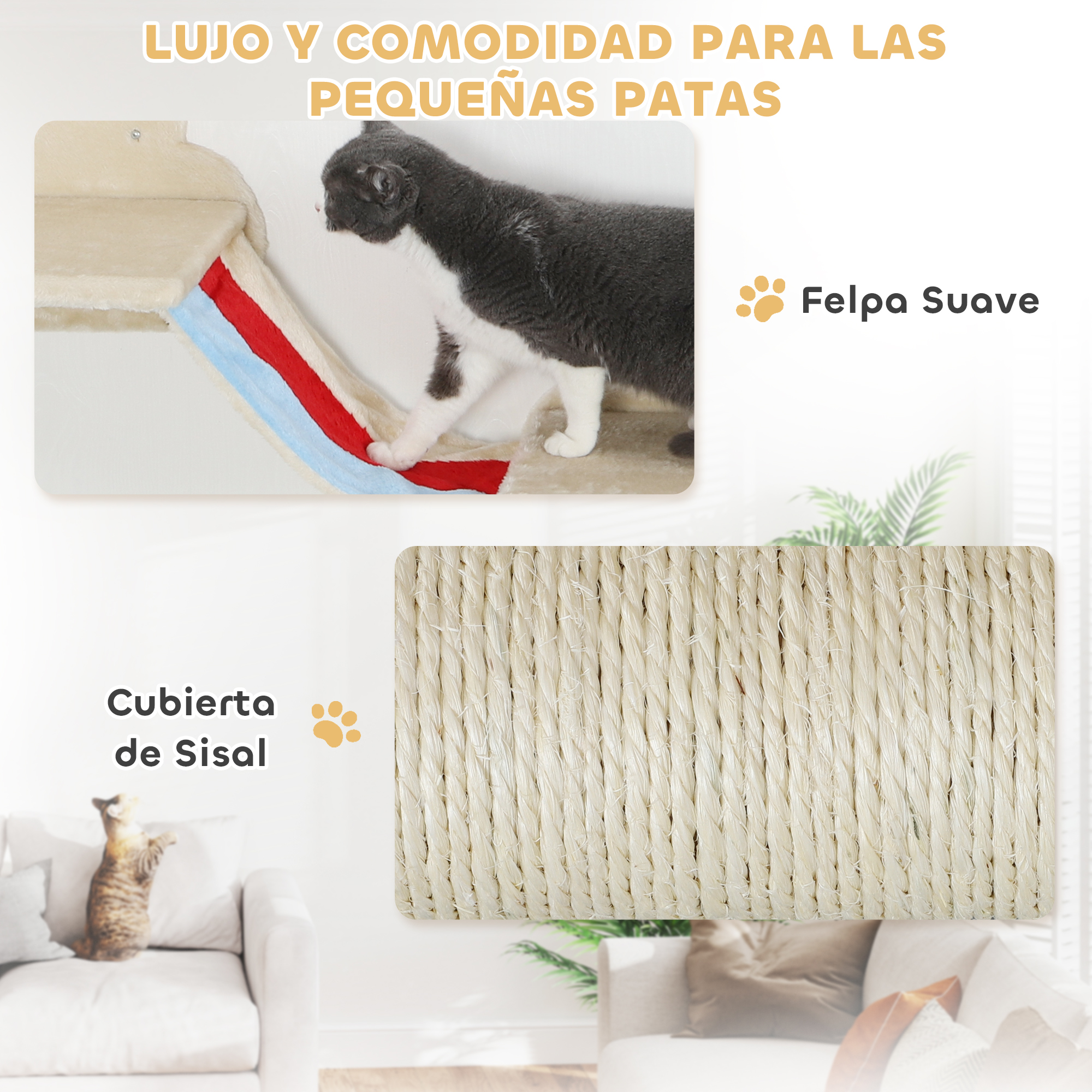 Un gato está de pie en un árbol para gatos, con un rascador de sisal y una almohadilla suave.