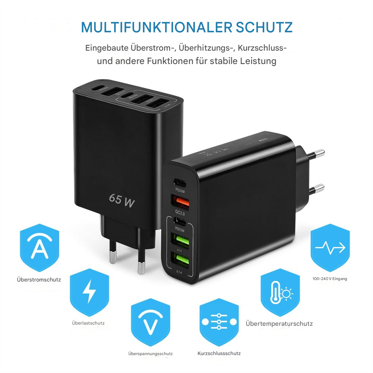 Schwarze Ladegeräte mit mehreren Anschlüssen. Text und Symbole zeigen Funktionen wie Überstrom- und Überlastschutz an.