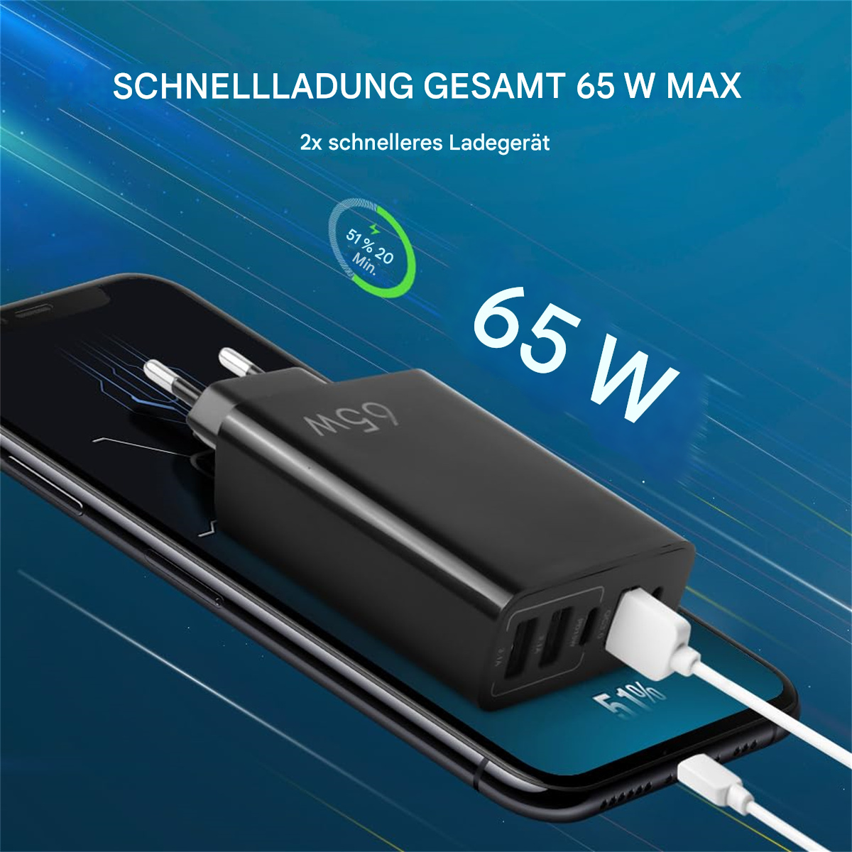Ein schwarzes Ladegerät mit USB-C-Kabel, das in ein Telefon eingesteckt ist, Text: 'SCHNELLLADUNG GESAMT 65 W MAX'.