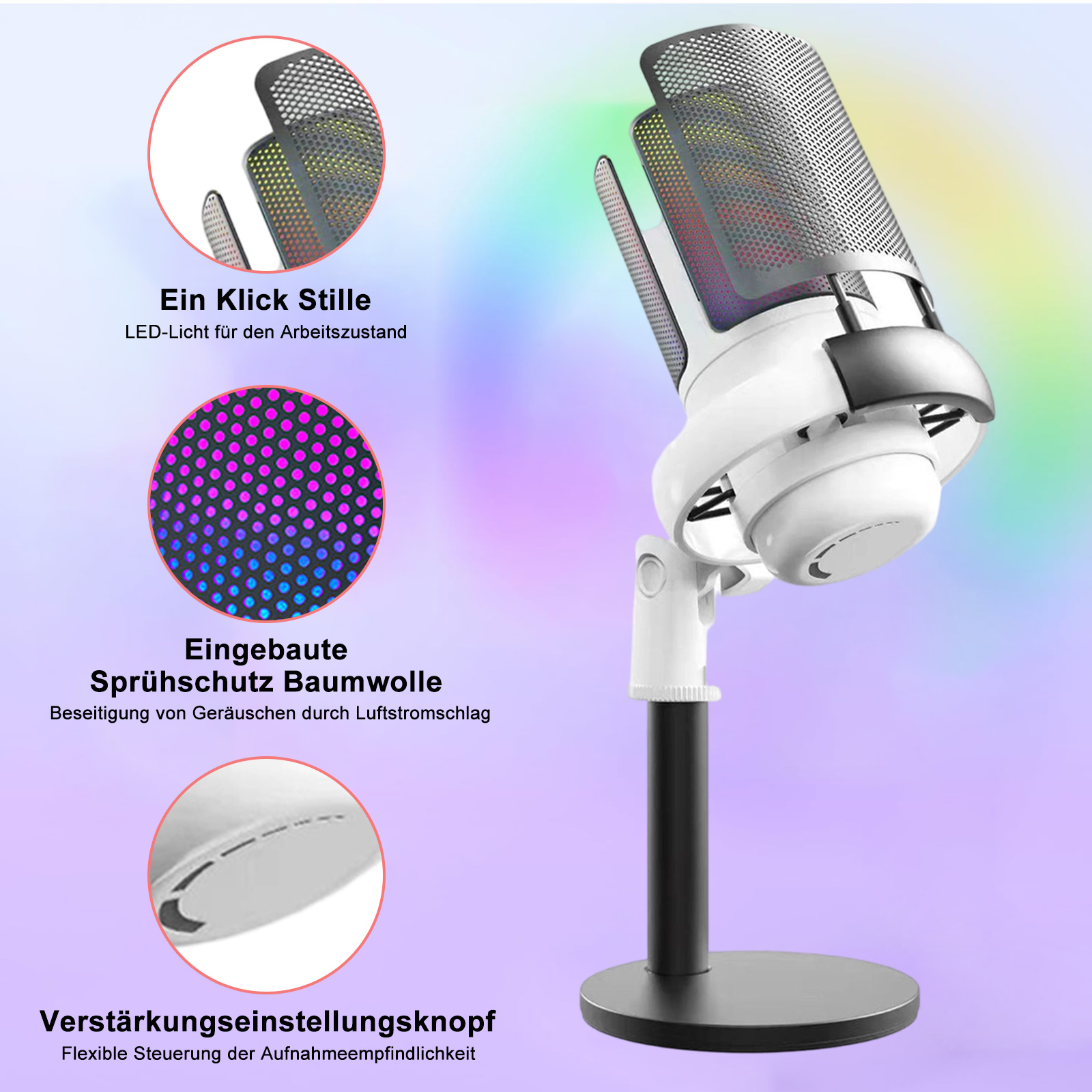 Nahaufnahme eines weißen Mikrofons. Anmerkungen heben Funktionen wie LED-Beleuchtung und einen Lautstärkeregler hervor.