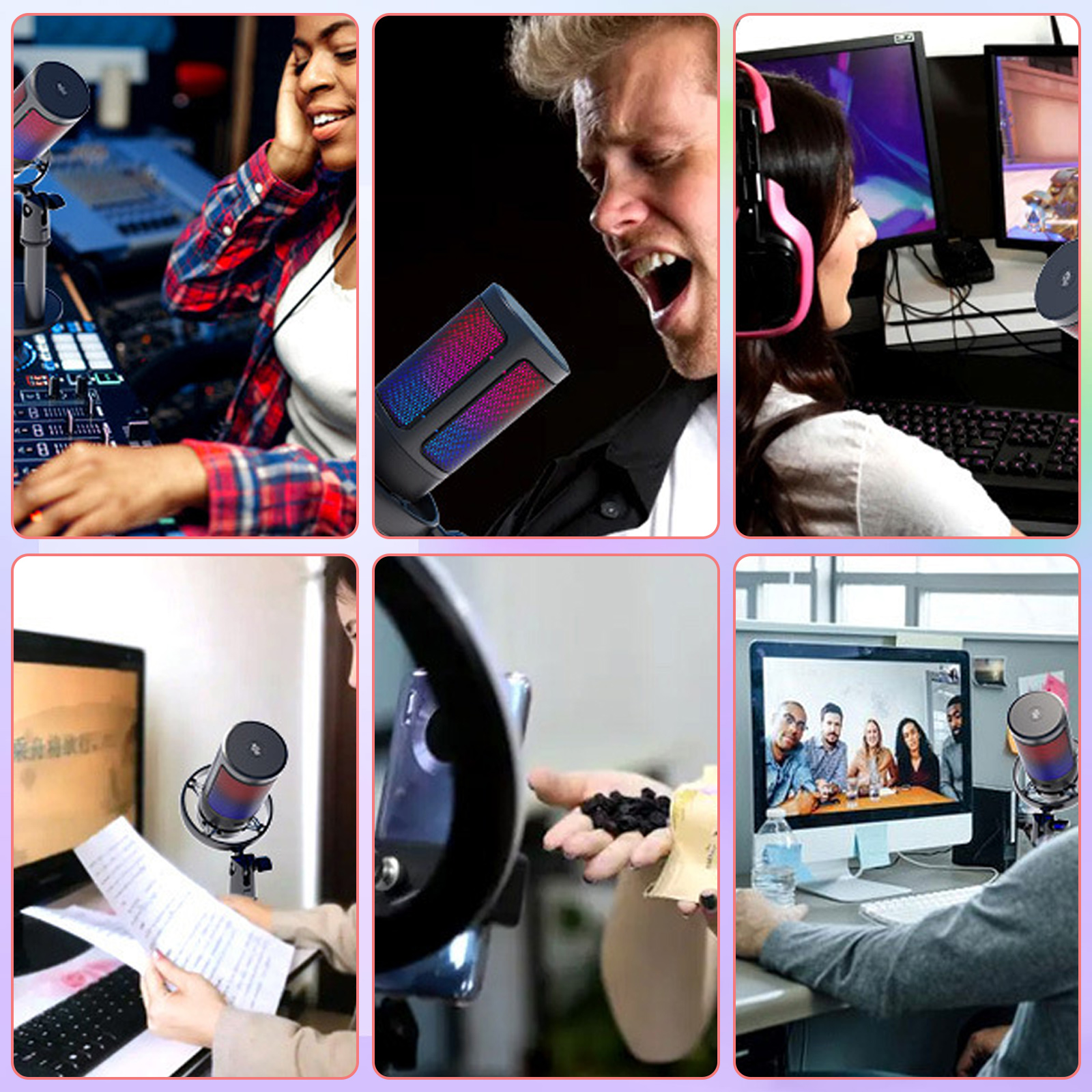 Eine Collage von sechs Bildern. Menschen benutzen Mikrofone in verschiedenen Umgebungen, wie Studios und Videoanrufen.