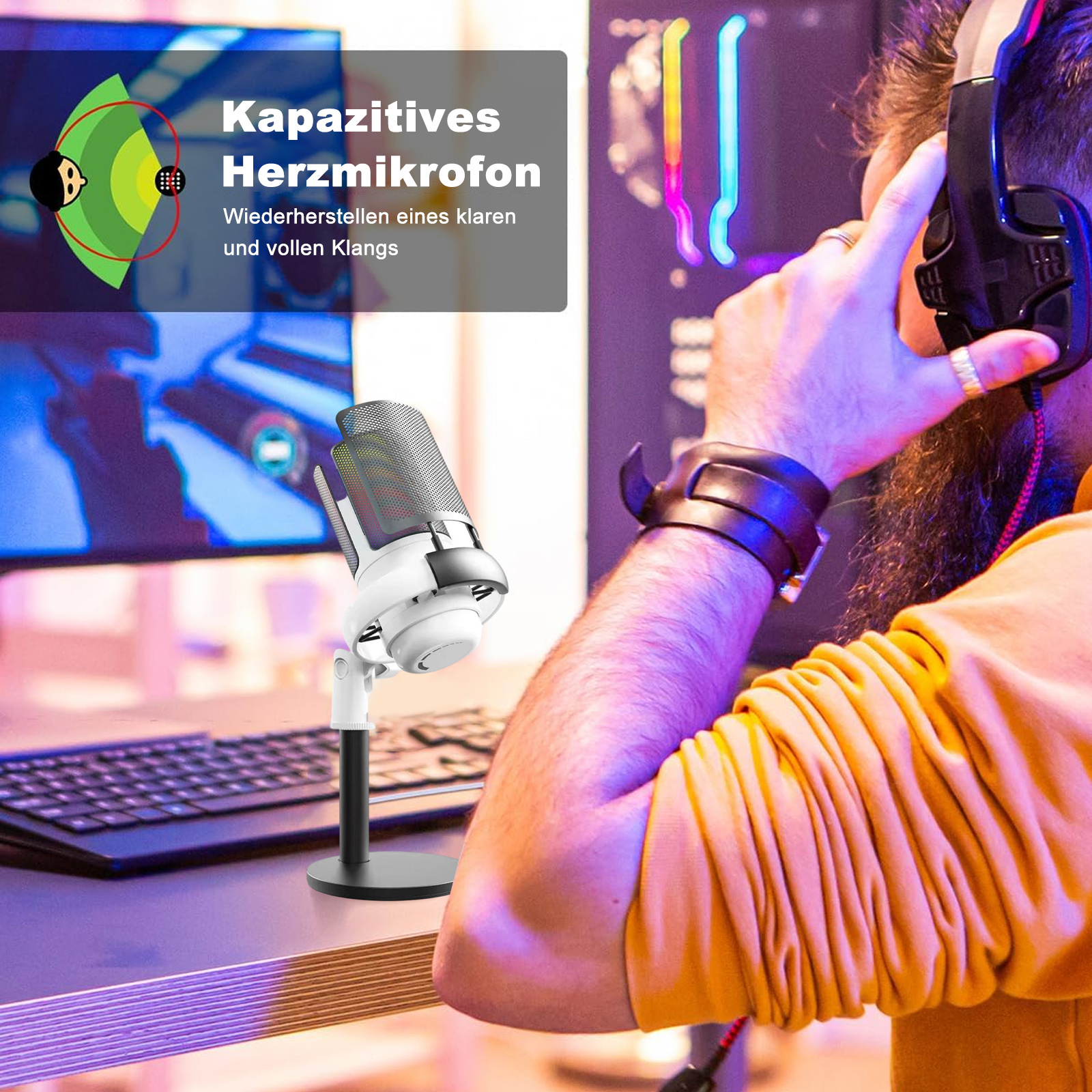 Ein Mann mit Kopfhörern benutzt ein Mikrofon, mit Text über ein kapazitives Herzmikrofon.