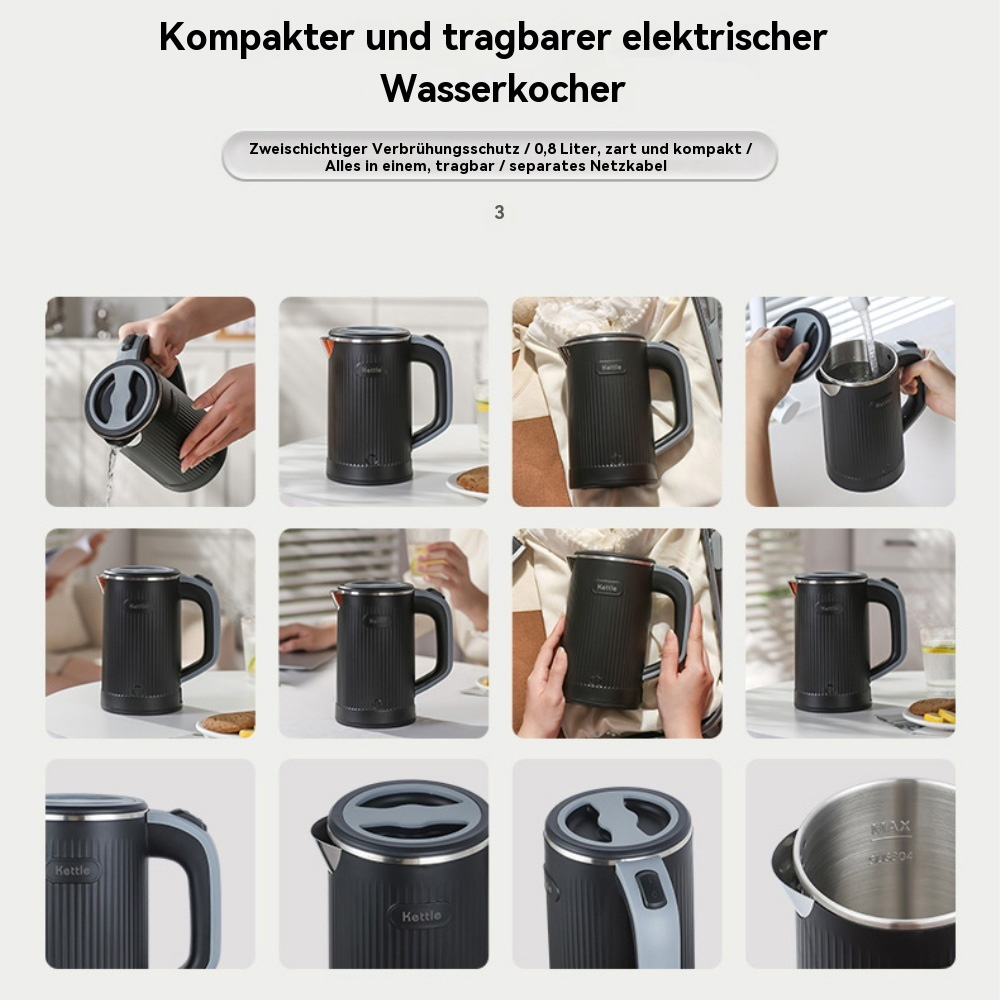 Eine Reihe von Bildern, die einen schwarzen Wasserkocher in verschiedenen Ansichten zeigen. Text auf Deutsch wird angezeigt.