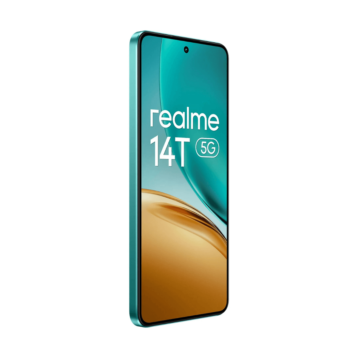 Niebieskozielony telefon z tekstem 'realme 14T 5G' na ekranie. Zielona ramka. Widok pod kątem.