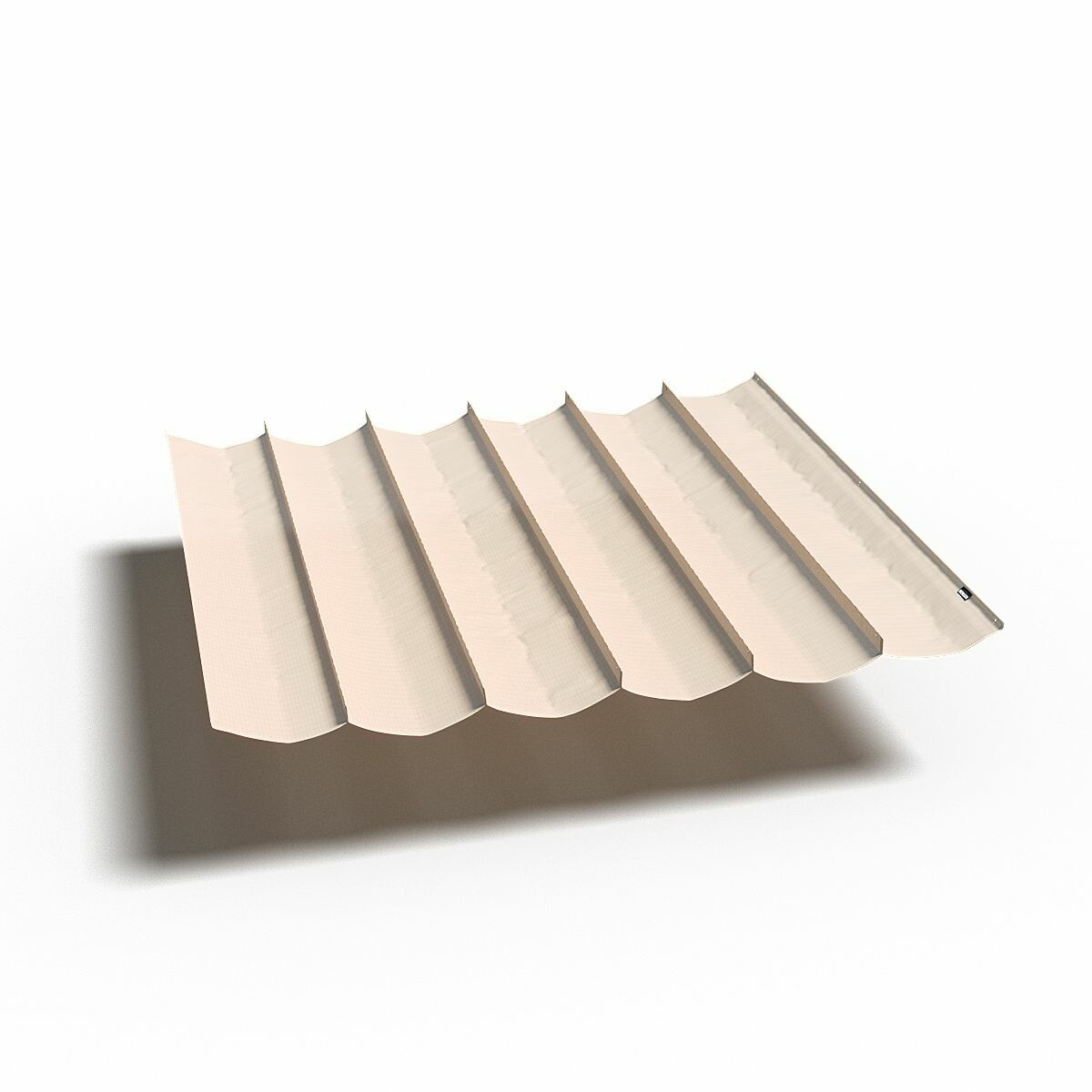 Un auvent plié. Il est beige et a une texture nervurée. Il projette une ombre sur un fond blanc.