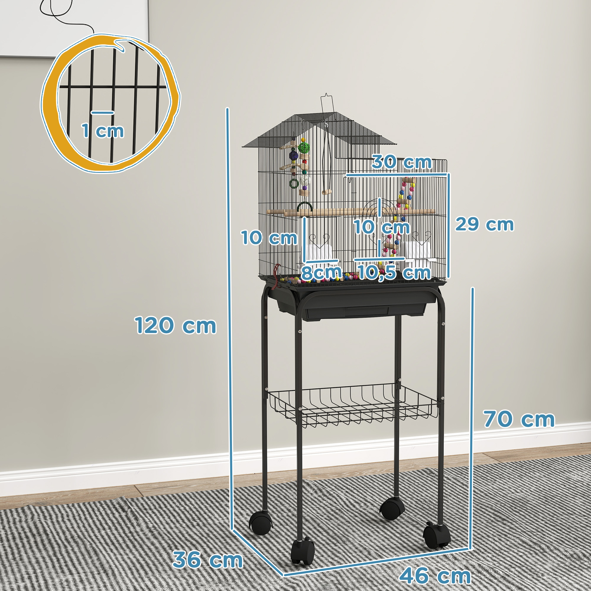 Una jaula para pájaros en un soporte, con dimensiones indicadas, con barras negras, una jaula y una percha con juguetes.
