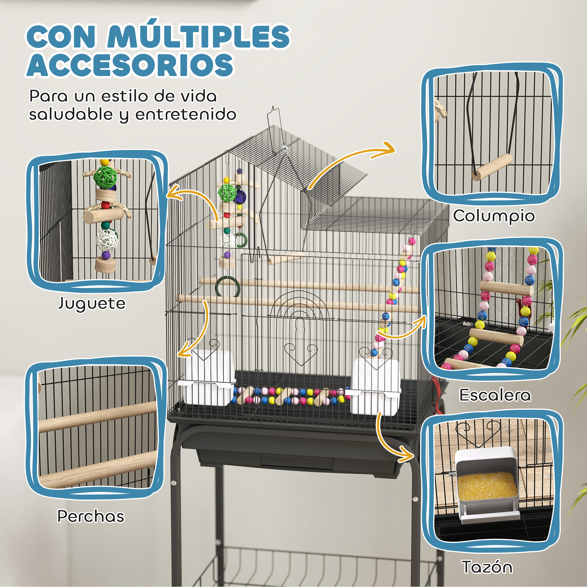 Una jaula para pájaros con accesorios dentro. Tiene un columpio, una escalera y otros juguetes. Hay un comedero.