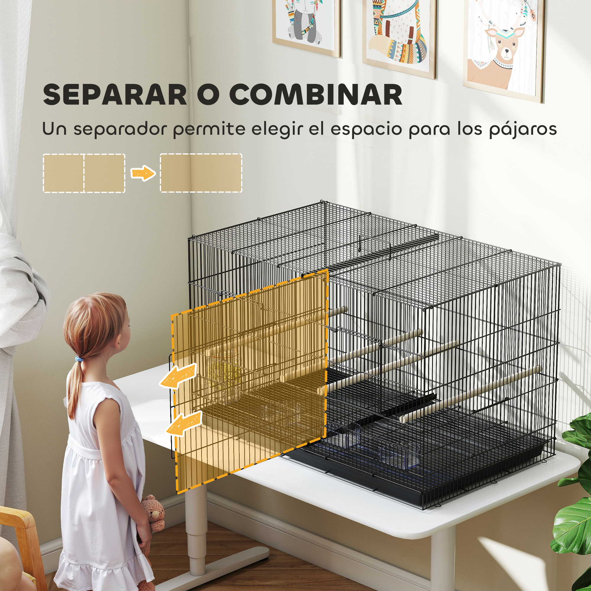 Dos jaulas para pájaros se colocan sobre una mesa. Una niña las está mirando. Se están separando o combinando.
