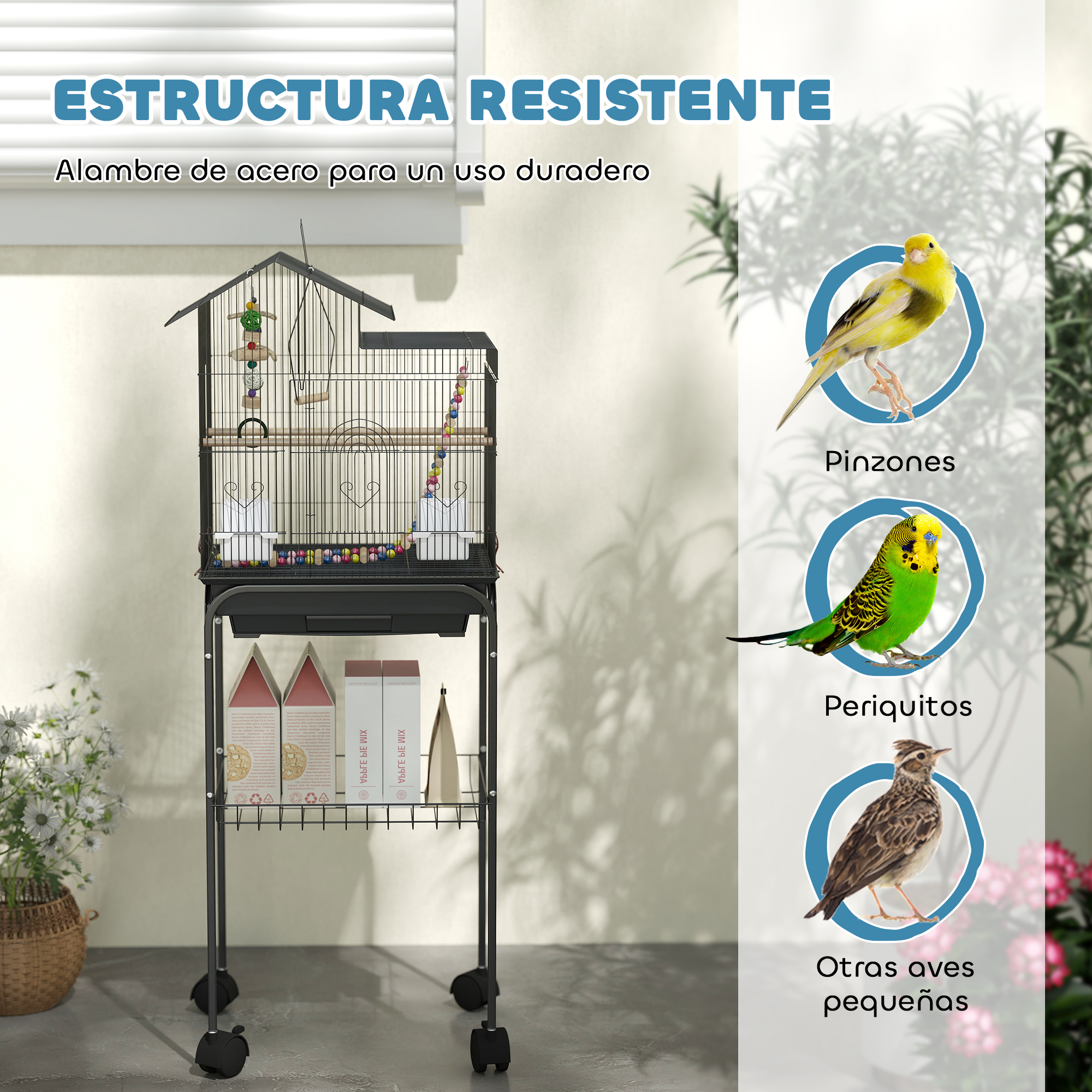 Una jaula para pájaros sobre ruedas tiene pájaros y juguetes. El texto dice que tiene un marco de acero resistente. Muestran diferentes aves.
