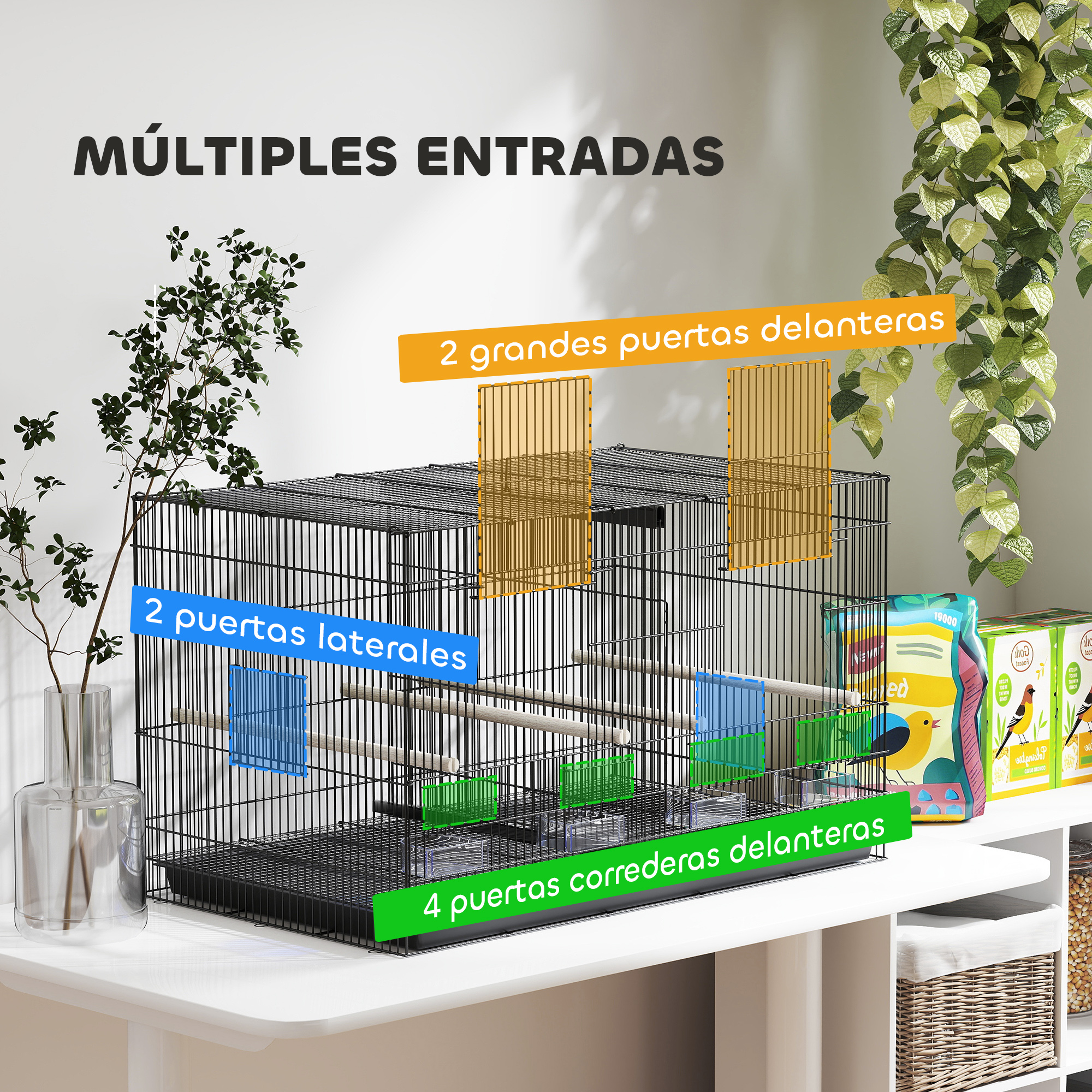 Una jaula para pájaros con múltiples entradas. La jaula está sobre una mesa blanca. Hay plantas y accesorios alrededor.