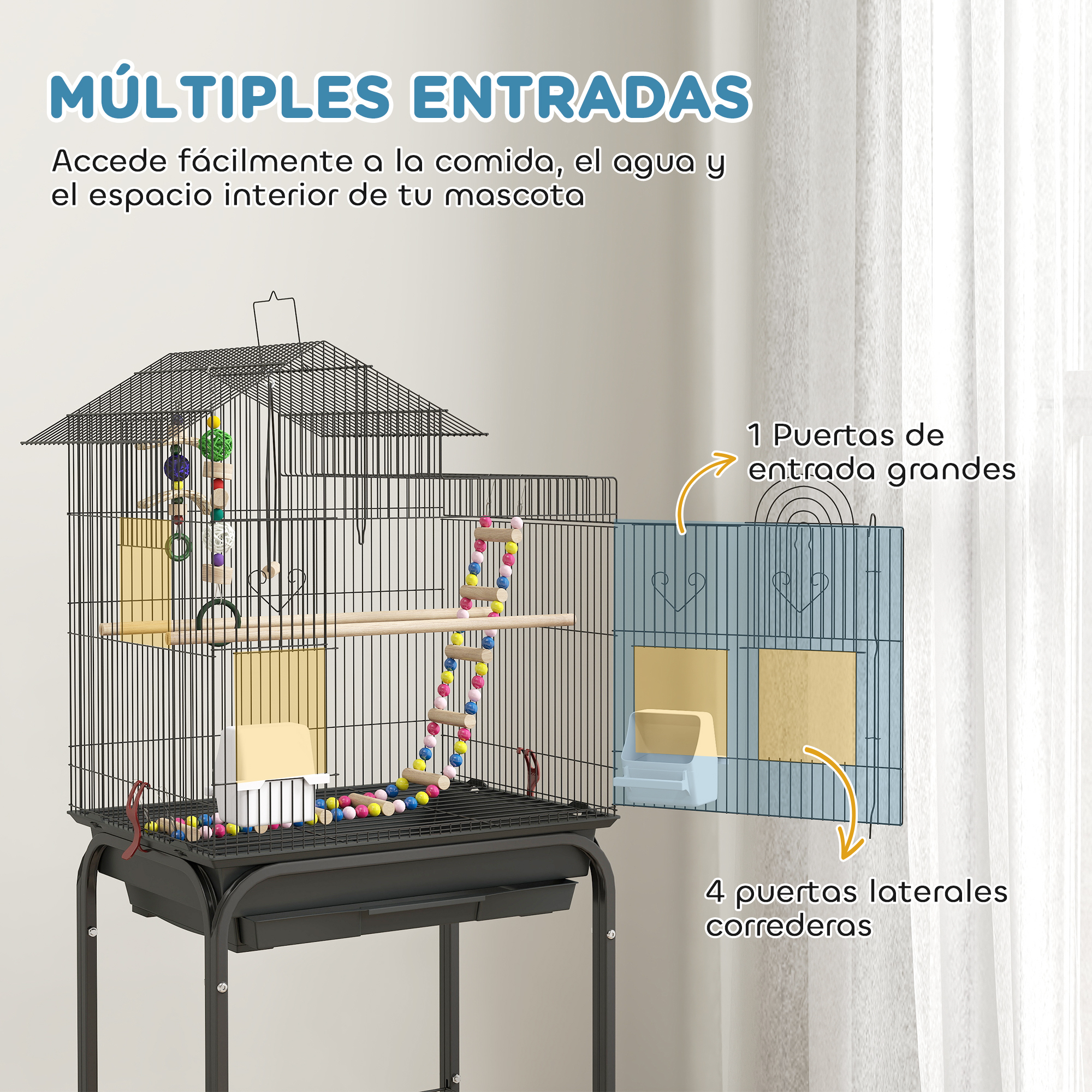 Una jaula para pájaros con múltiples puntos de entrada y accesorios.