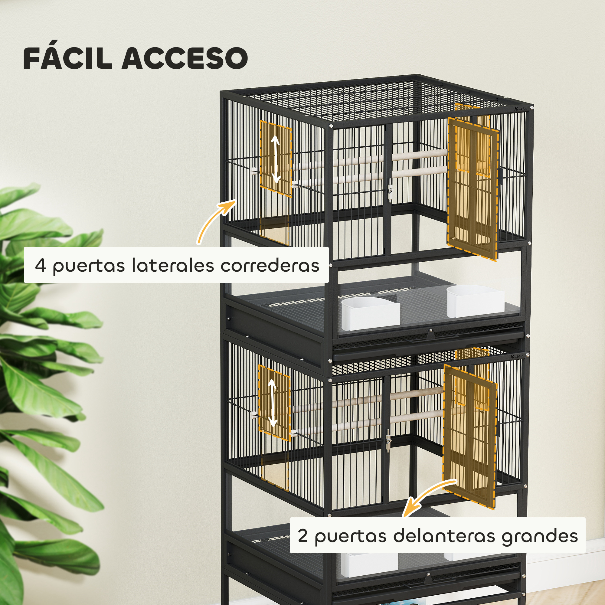 Una jaula para pájaros negra de varios niveles con fácil acceso. Tiene puertas correderas. La jaula está sobre un soporte con ruedas.