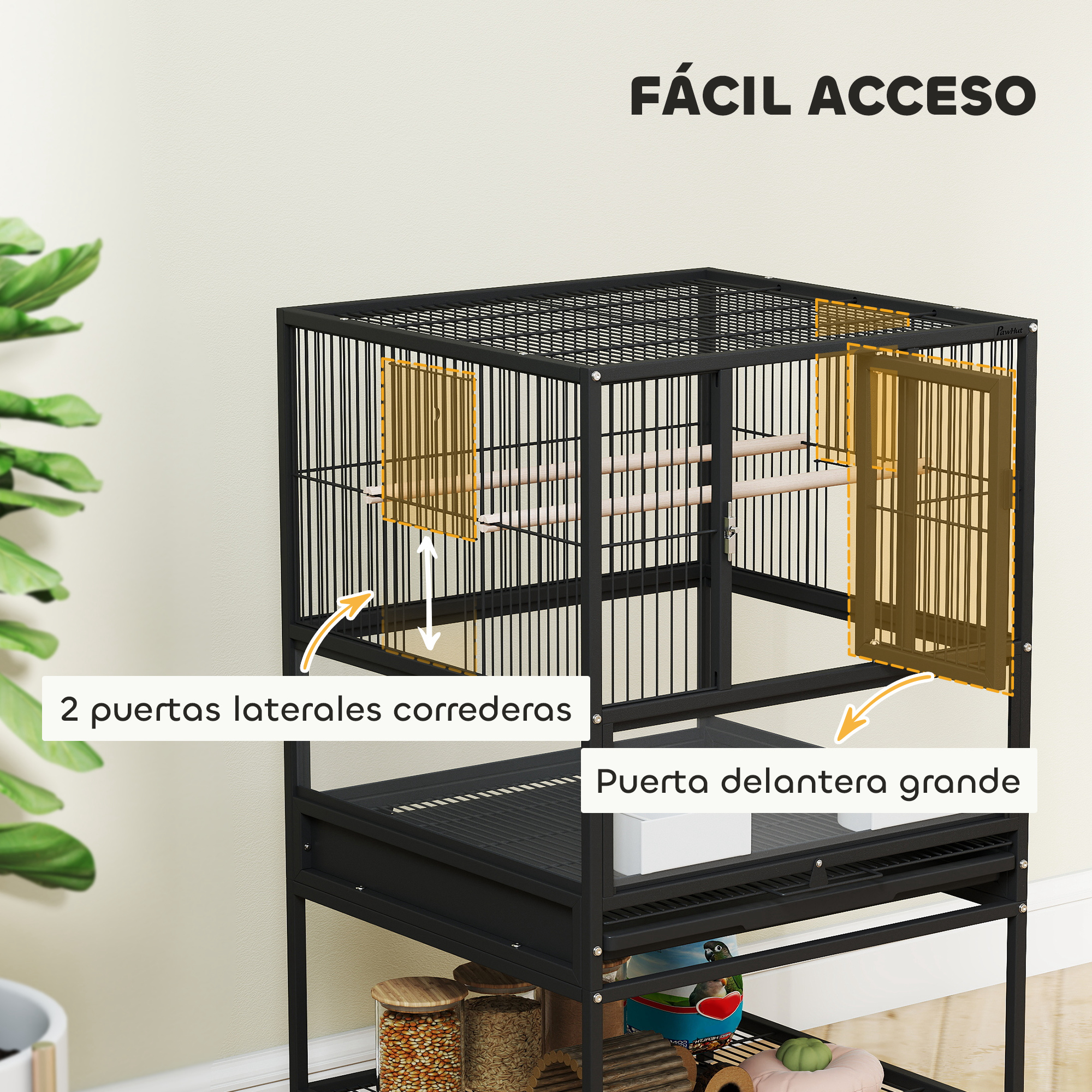 Una jaula para pájaros negra con fácil acceso. Tiene puertas correderas y una gran puerta frontal. Está sobre una mesa.