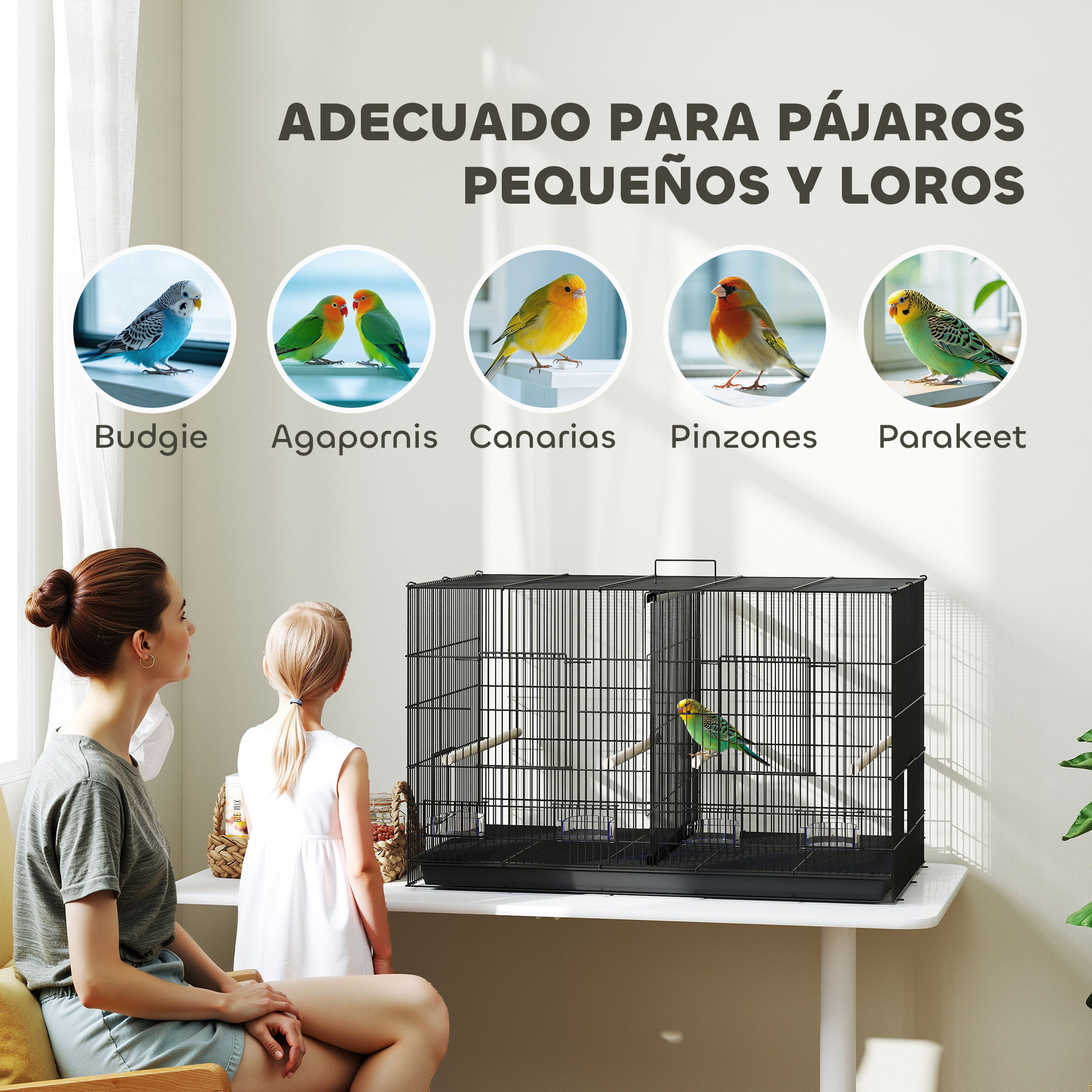 Una madre y un niño mirando una jaula de pájaros que contiene un loro y varias otras aves.