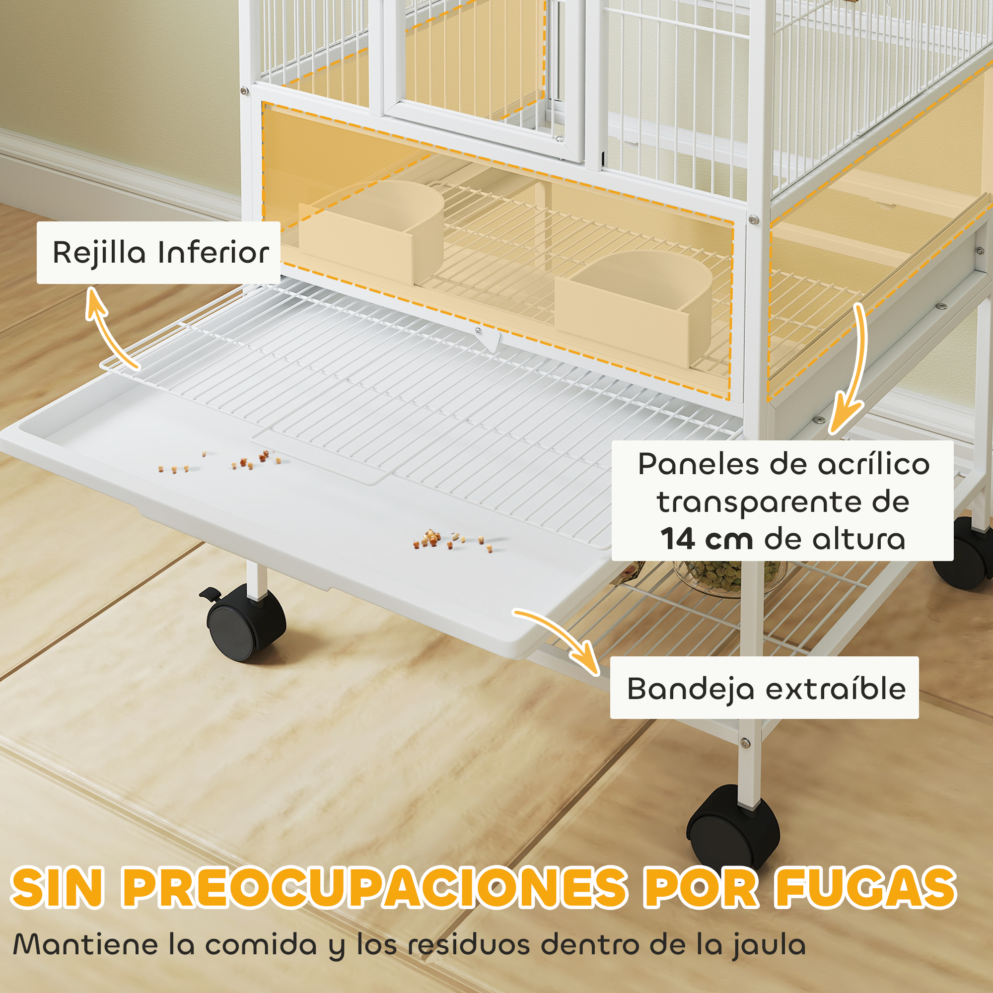 Una jaula blanca para pájaros con dos comederos, una bandeja extraíble y múltiples entradas. Tiene una malla de alambre y una base sólida.