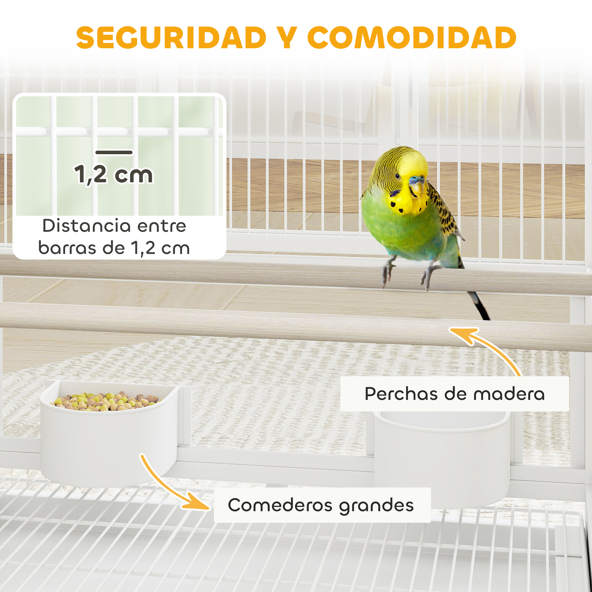 Un primer plano de una jaula para pájaros con un periquito, perchas de madera y recipientes para comida, destacando la seguridad y la comodidad.