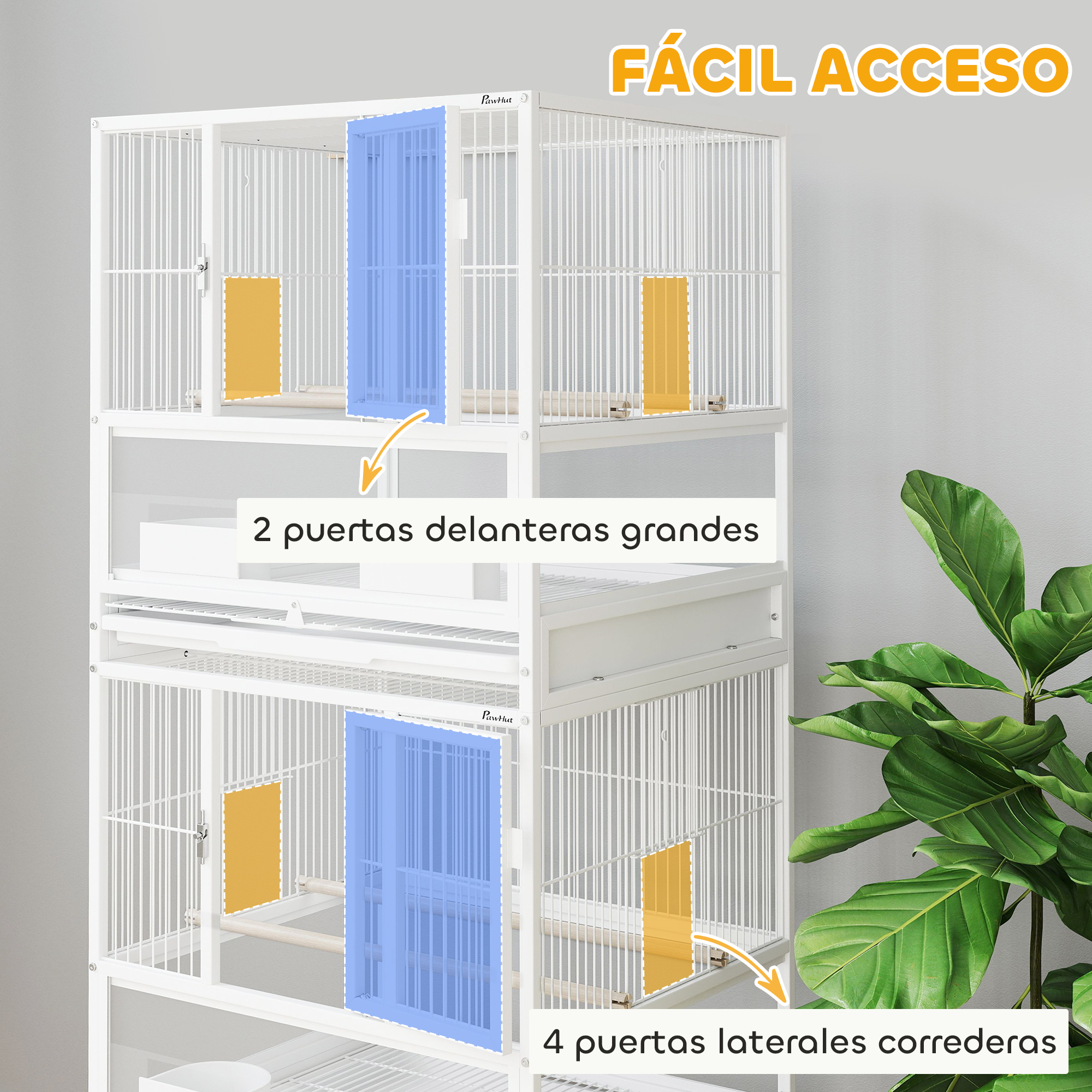Primer plano de una jaula blanca. Se muestran 2 puertas azules y laterales.