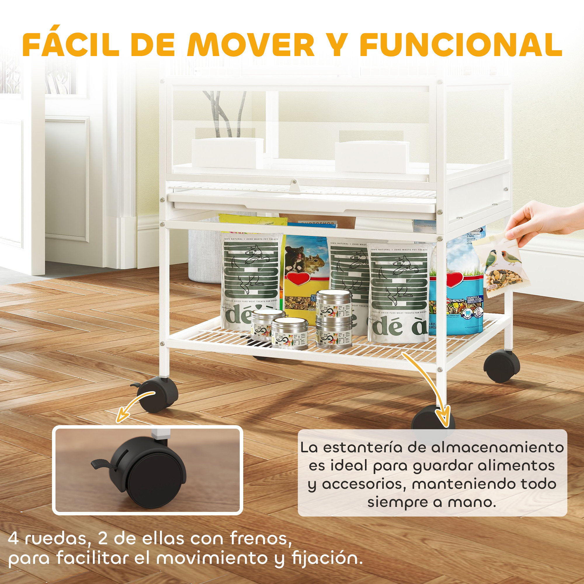 Un soporte blanco rodante para jaulas de pájaros con comida, accesorios y cuatro ruedas, dos de ellas con frenos.