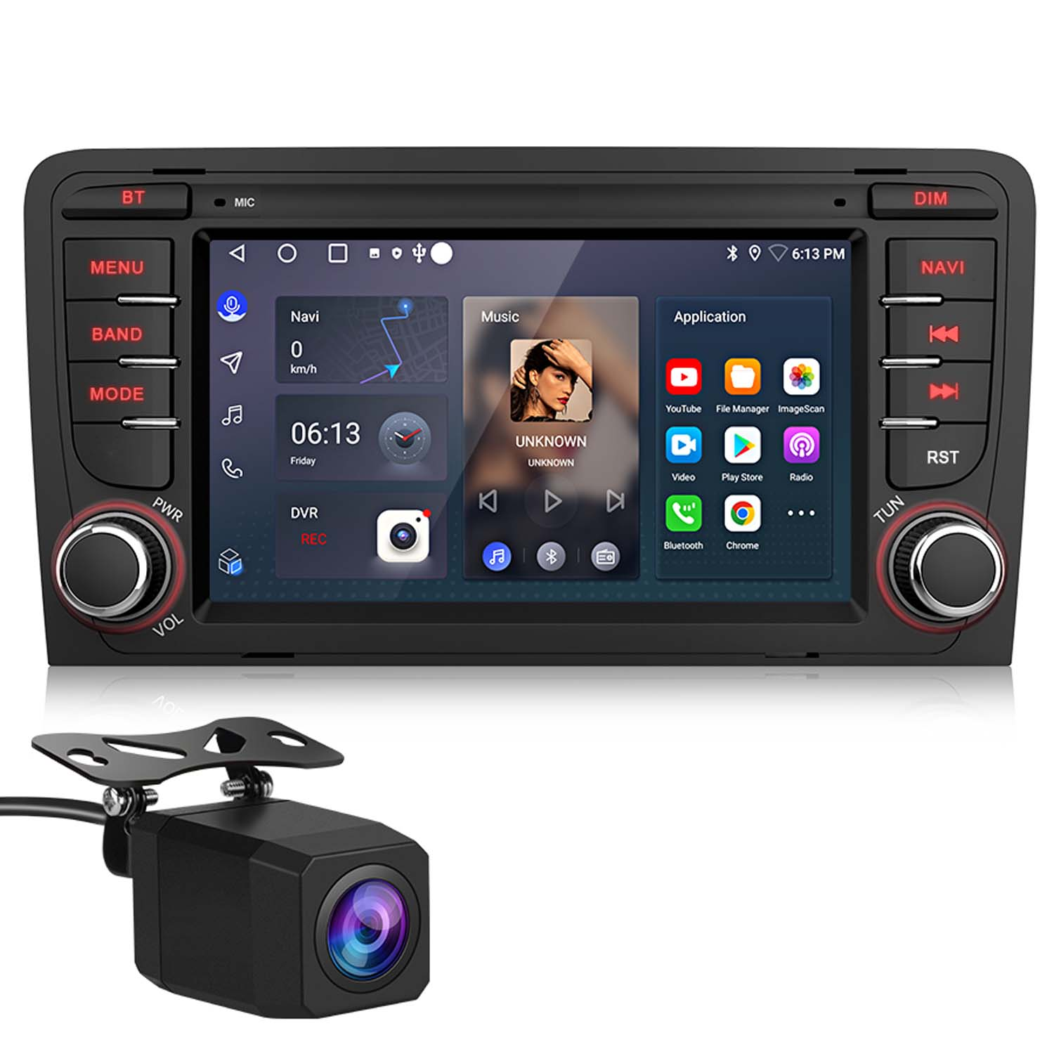 Ein Autoradio mit einem Bildschirm, der Navigation und Apps anzeigt.