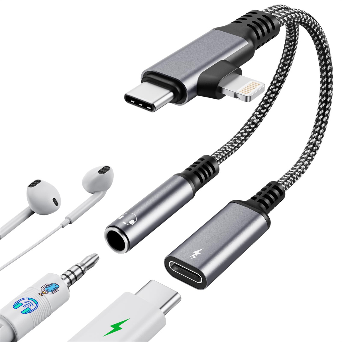 Ein USB-C-auf-Lightning-Adapter mit verschiedenen Audiozubehörteilen.