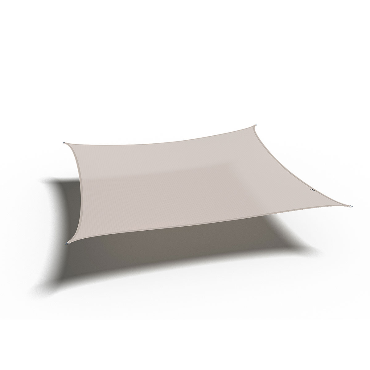 Une voile d'ombrage rectangulaire beige est isolée sur un fond blanc avec une ombre.