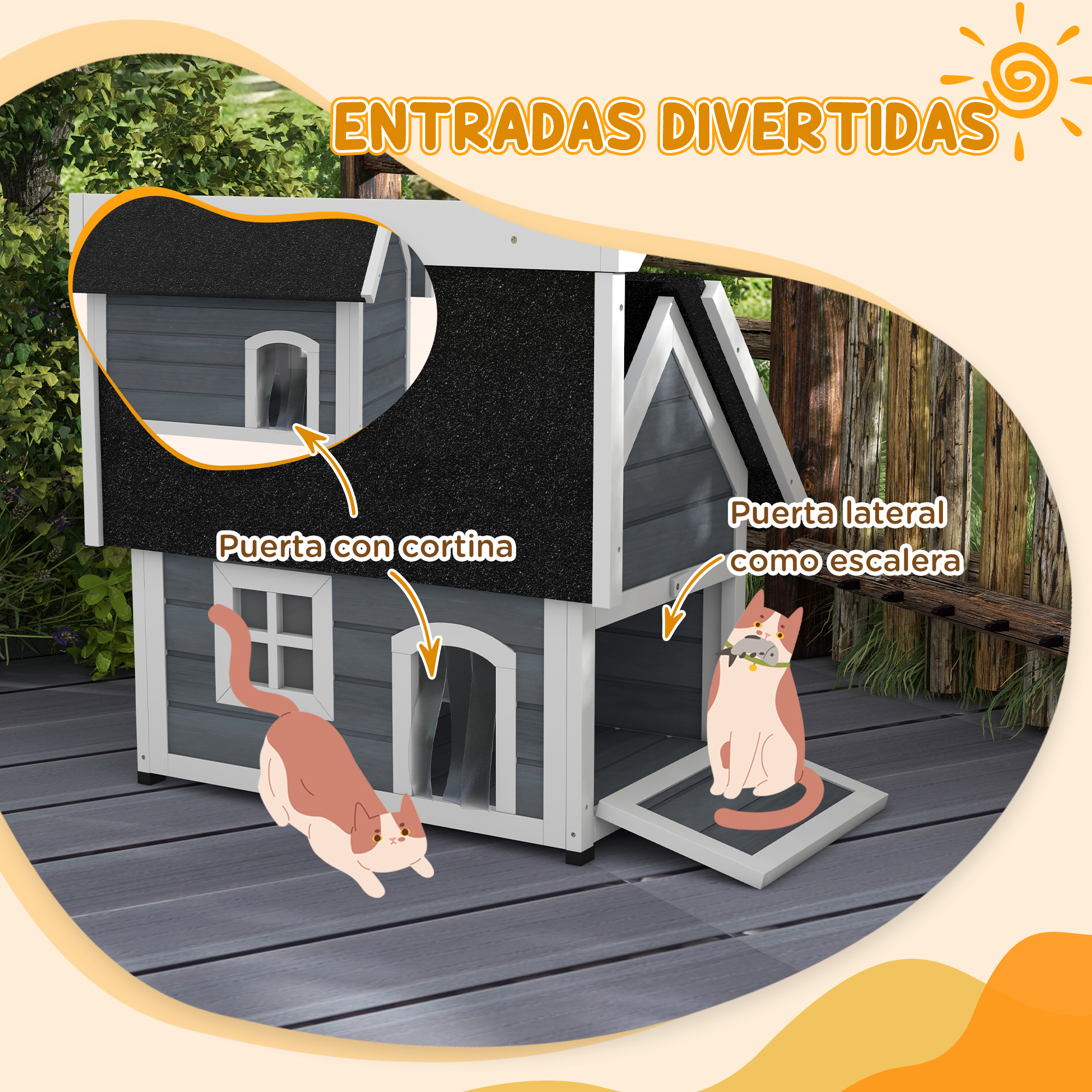 Casa para gatos con dos gatos. Incluye puerta con cortina y puerta lateral como escalera.